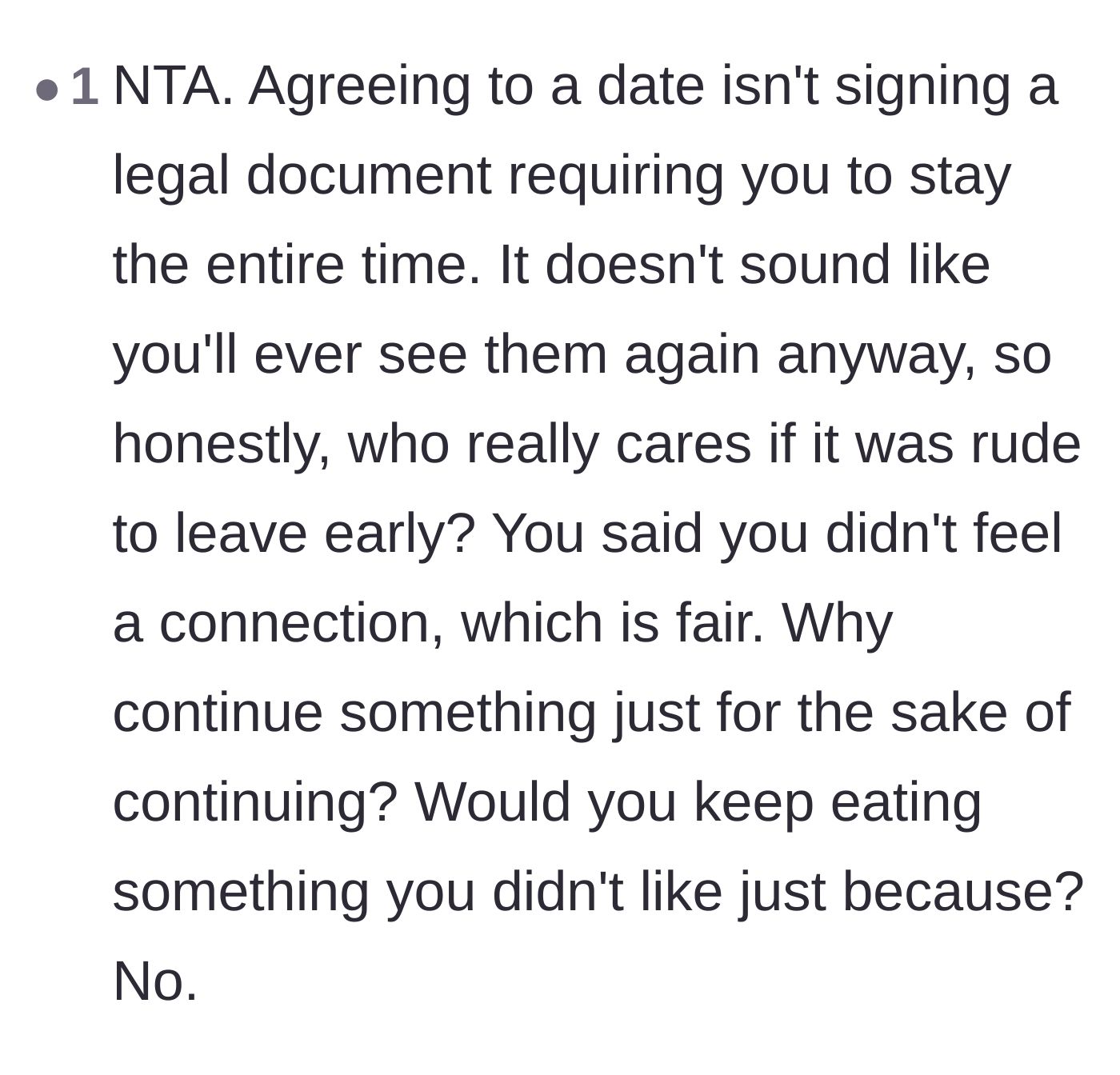 Comment thread 3 - A commenter equating a bad date to eating bad food, emphasizing that nobody is legally obligated to stay.