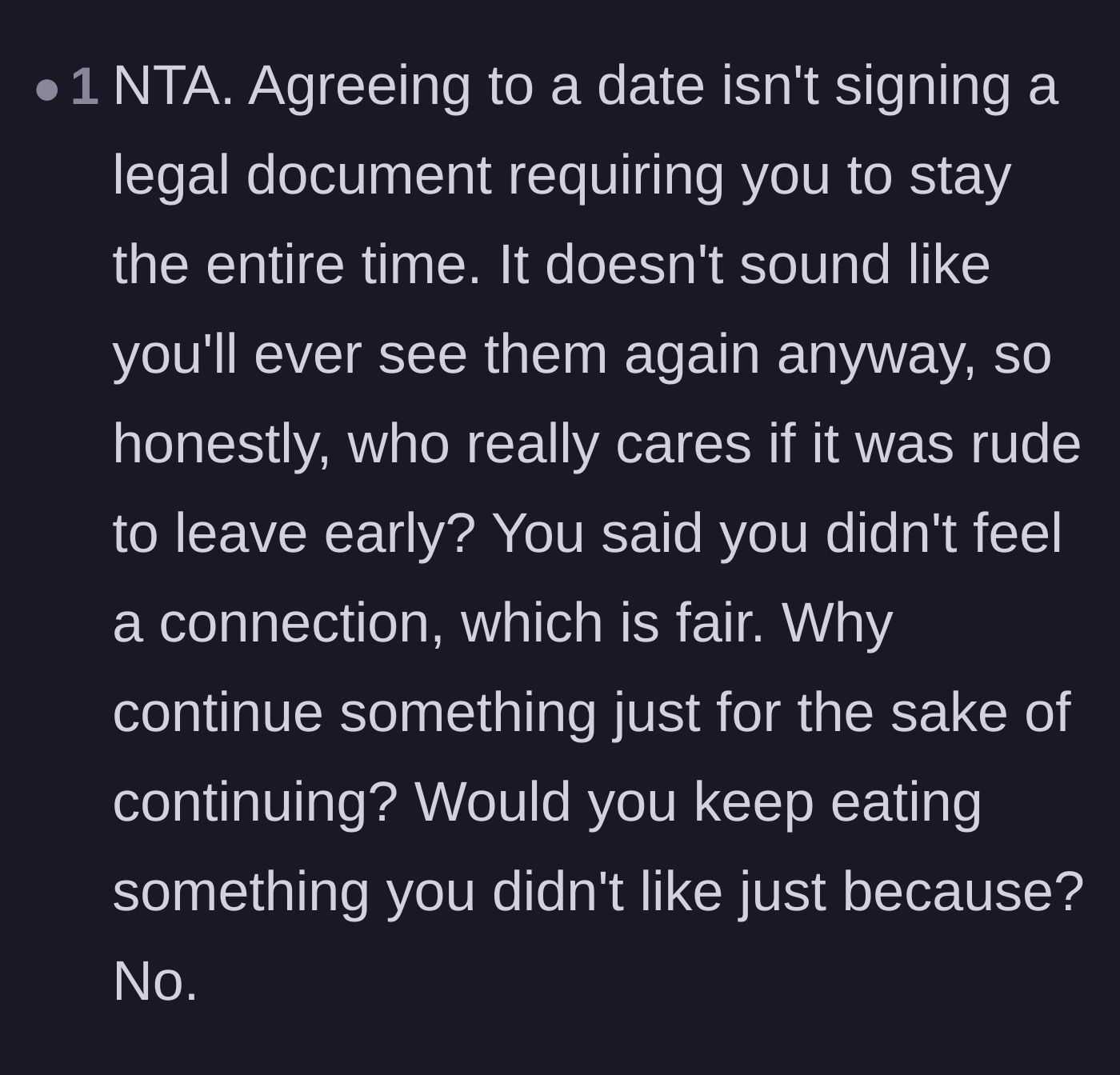 Comment thread 3 - A commenter equating a bad date to eating bad food, emphasizing that nobody is legally obligated to stay.