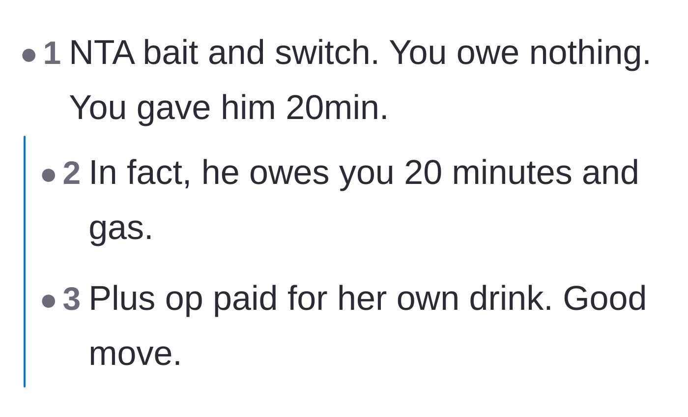 Comment thread 4 - A thread pointing out the classic bait-and-switch tactic and jokingly calculating the time and gas the man owes her.
