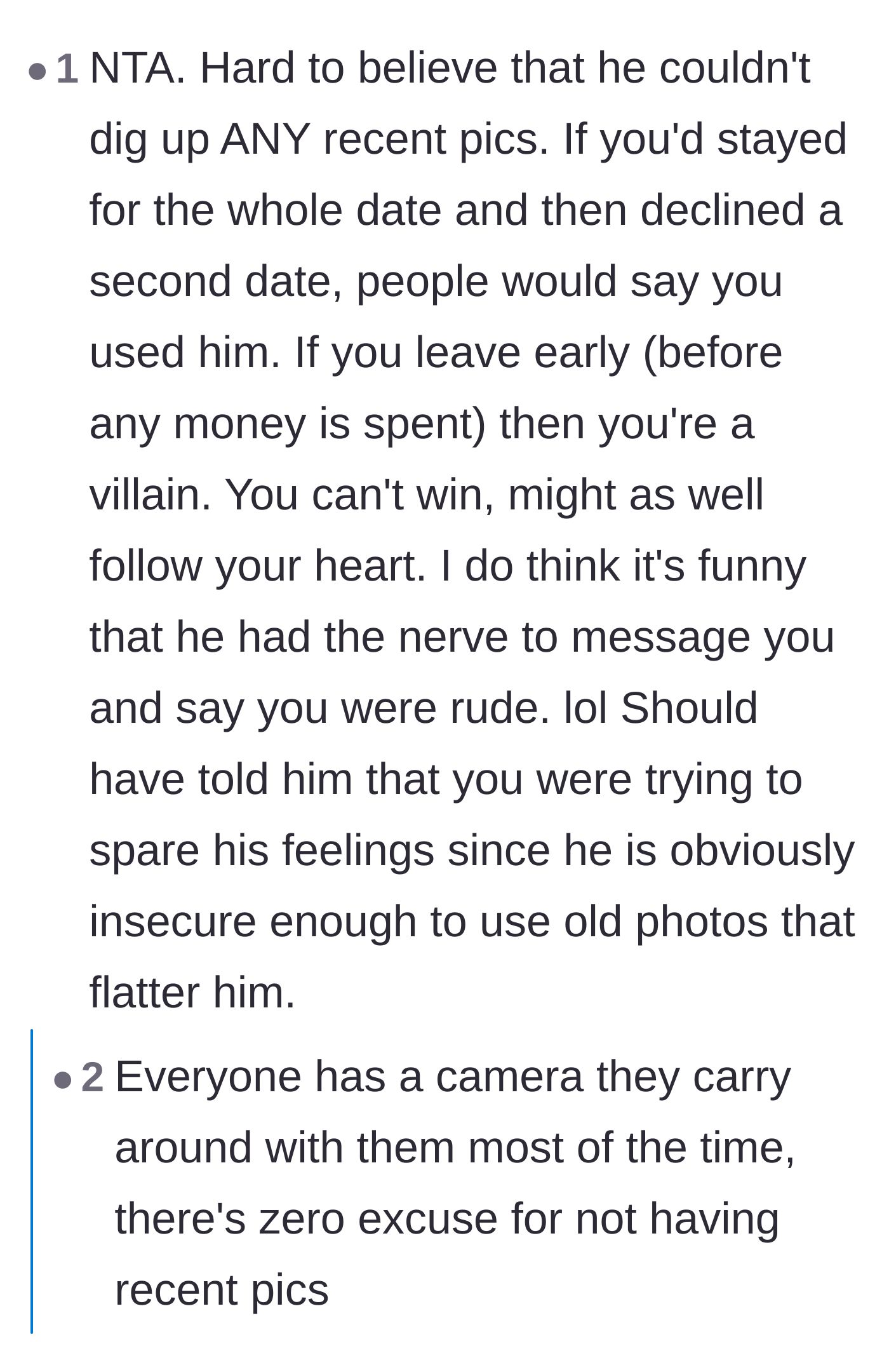 Comment thread 5 - A discussion on the double standards women face on dates and the total lack of excuses for having outdated photos today.