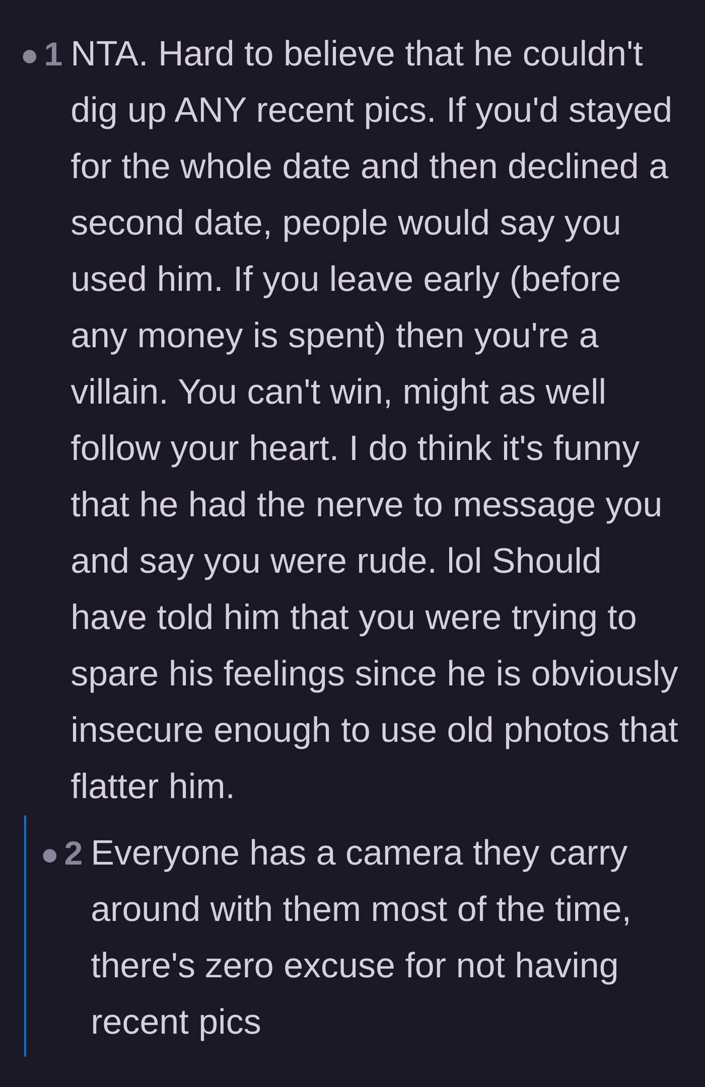 Comment thread 5 - A discussion on the double standards women face on dates and the total lack of excuses for having outdated photos today.