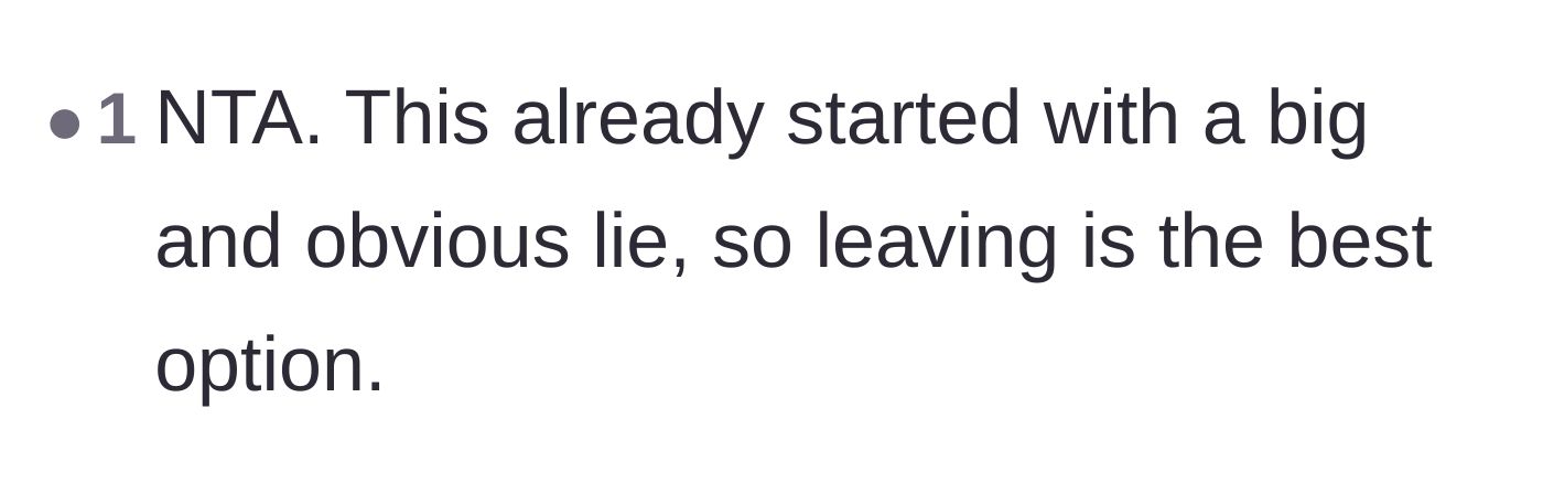 Comment thread 6 - A straightforward verdict stating that a relationship starting on a lie warrants an immediate exit.