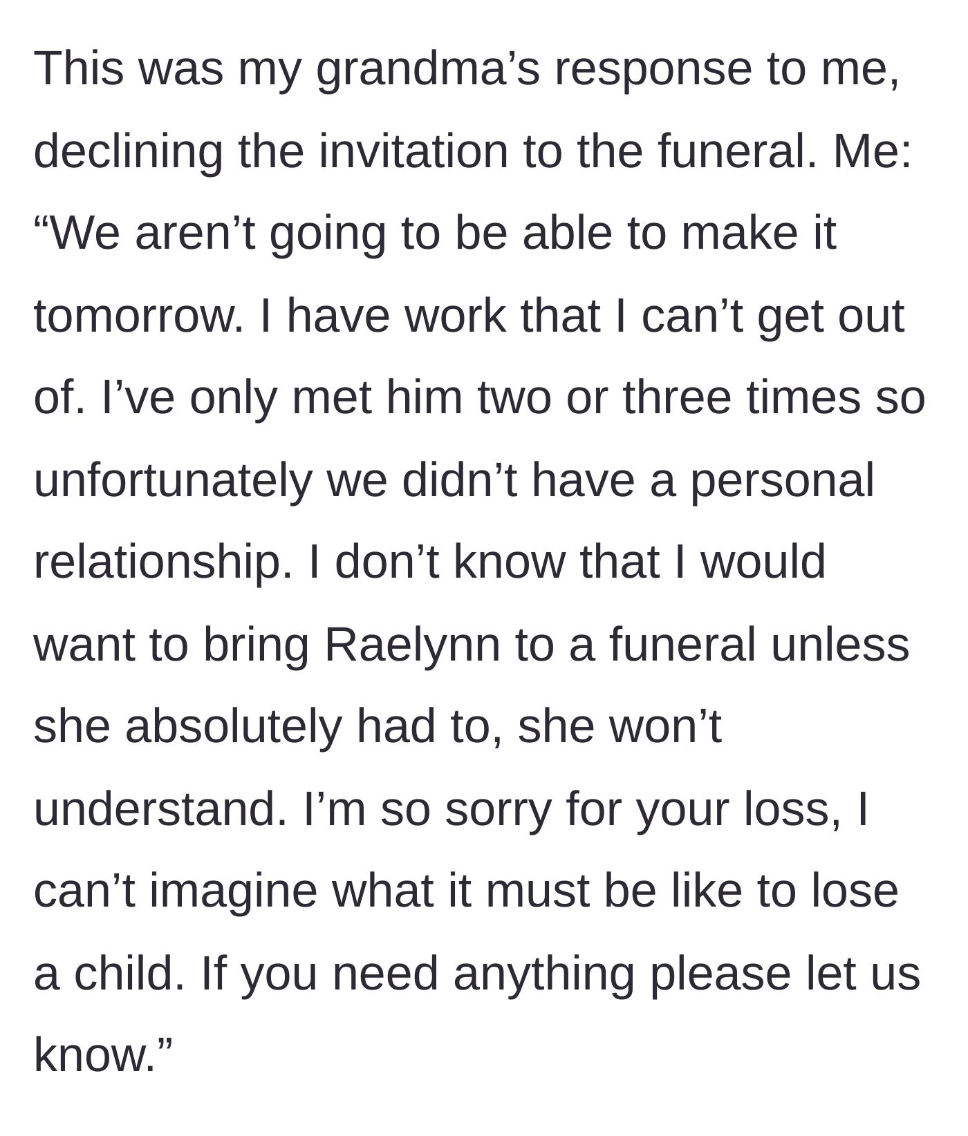 Story part 4 - The main character sending a polite, gentle, and deeply empathetic text declining the funeral invitation.
