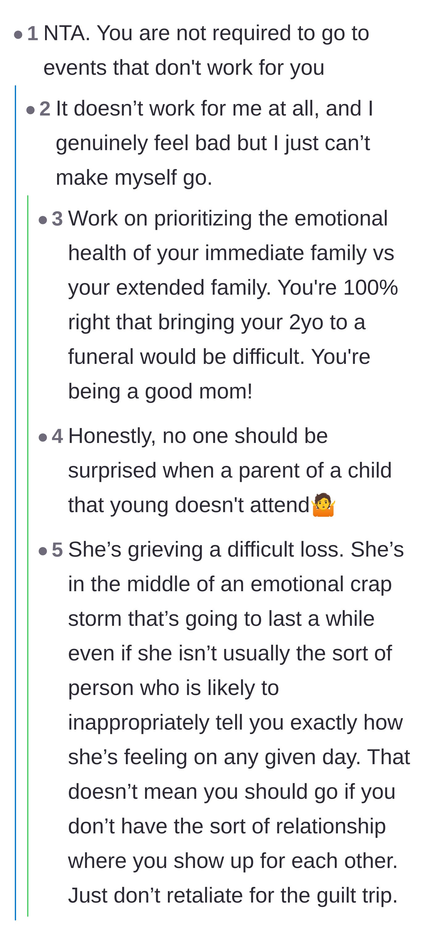 Comment thread 3 - Support for the main character prioritizing the mental health of her immediate family over extended relatives.