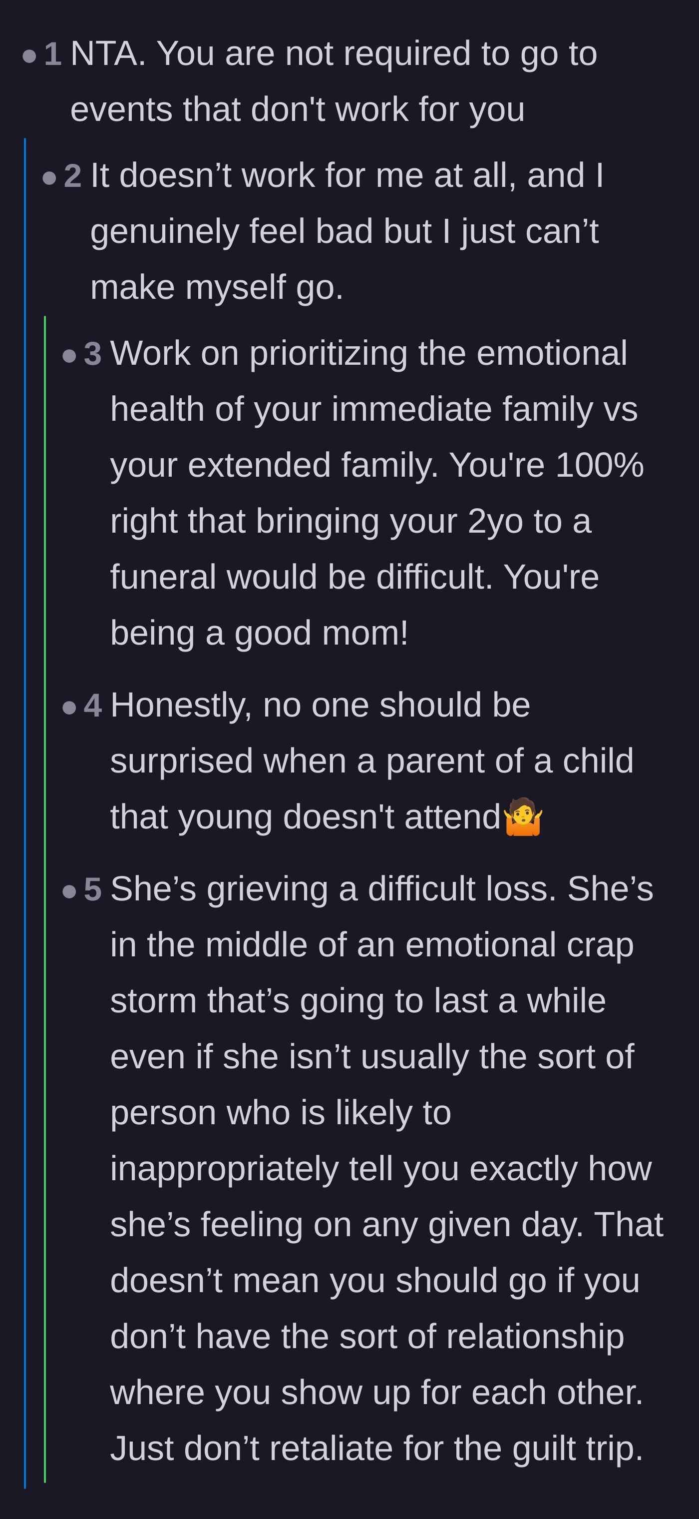 Comment thread 3 - Support for the main character prioritizing the mental health of her immediate family over extended relatives.