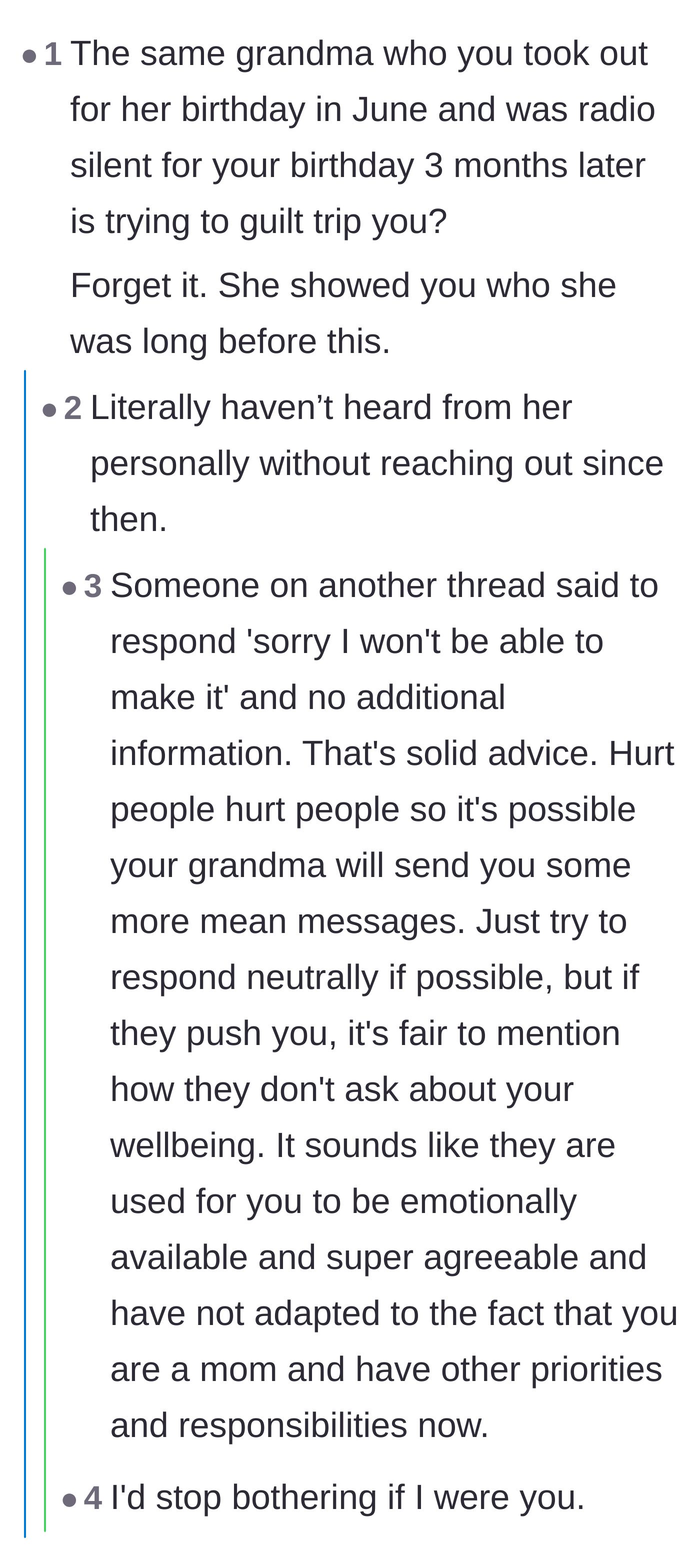 Comment thread 4 - Commenters pointing out that the grandmother was perfectly fine ignoring the main character's recent birthday.