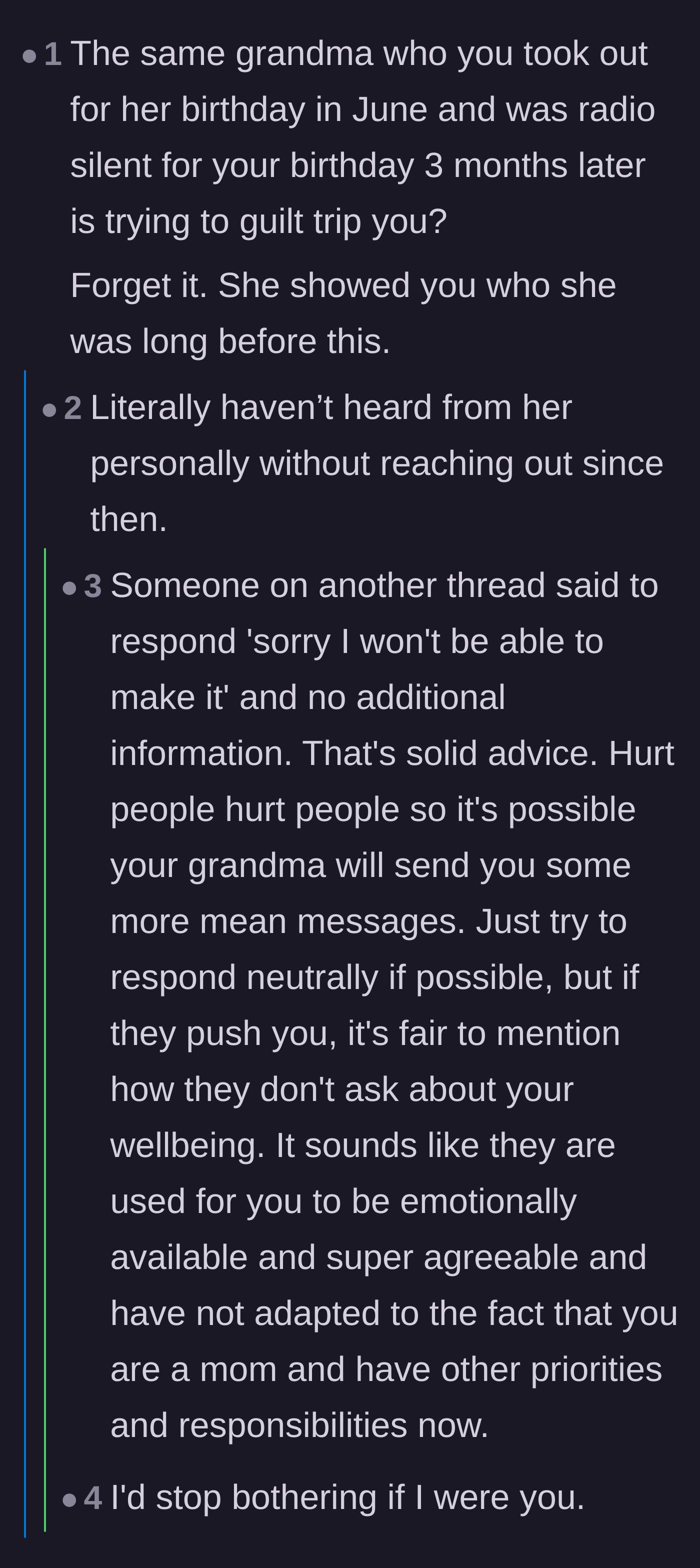 Comment thread 4 - Commenters pointing out that the grandmother was perfectly fine ignoring the main character's recent birthday.