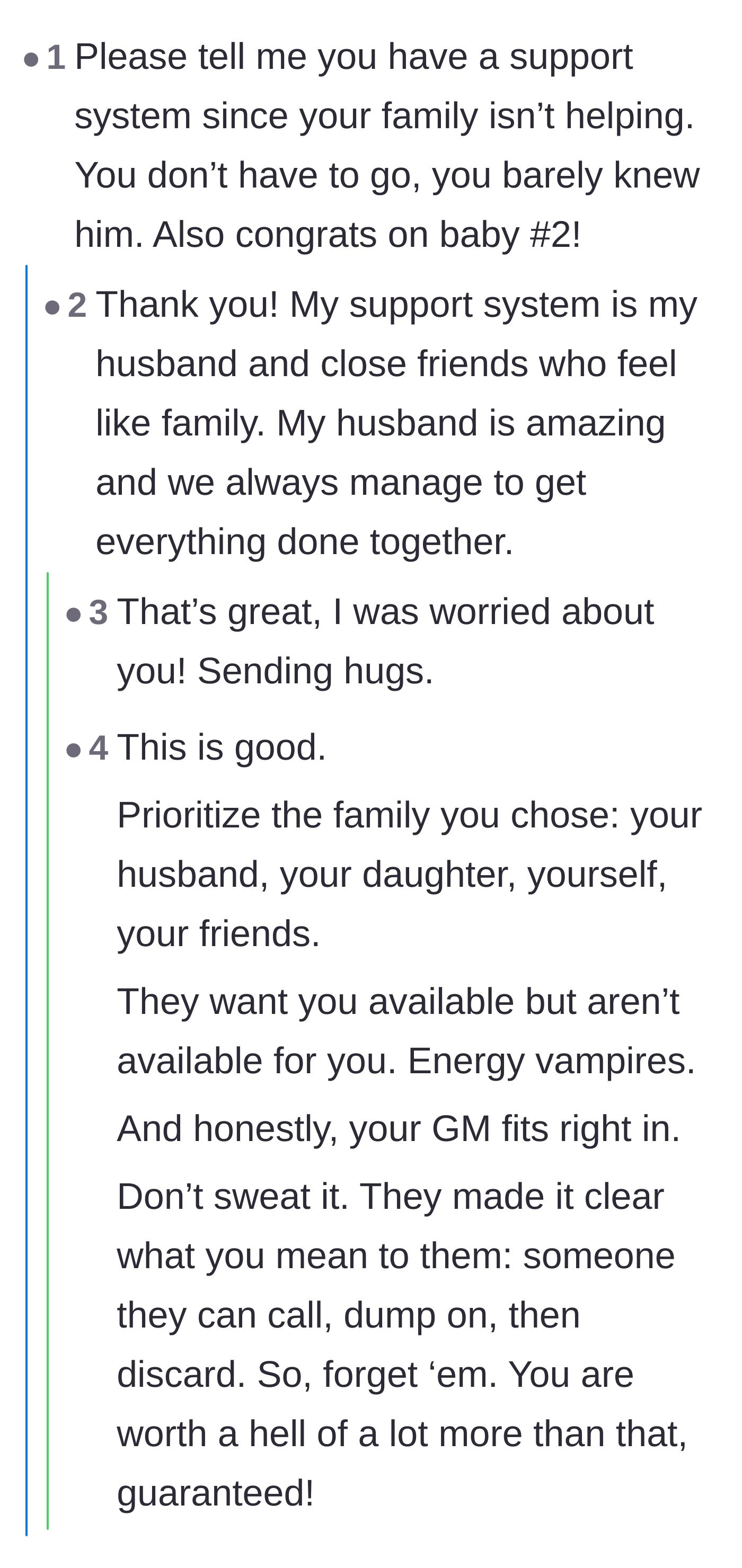 Comment thread 5 - Readers expressing relief that the main character has a highly supportive husband and friend group.