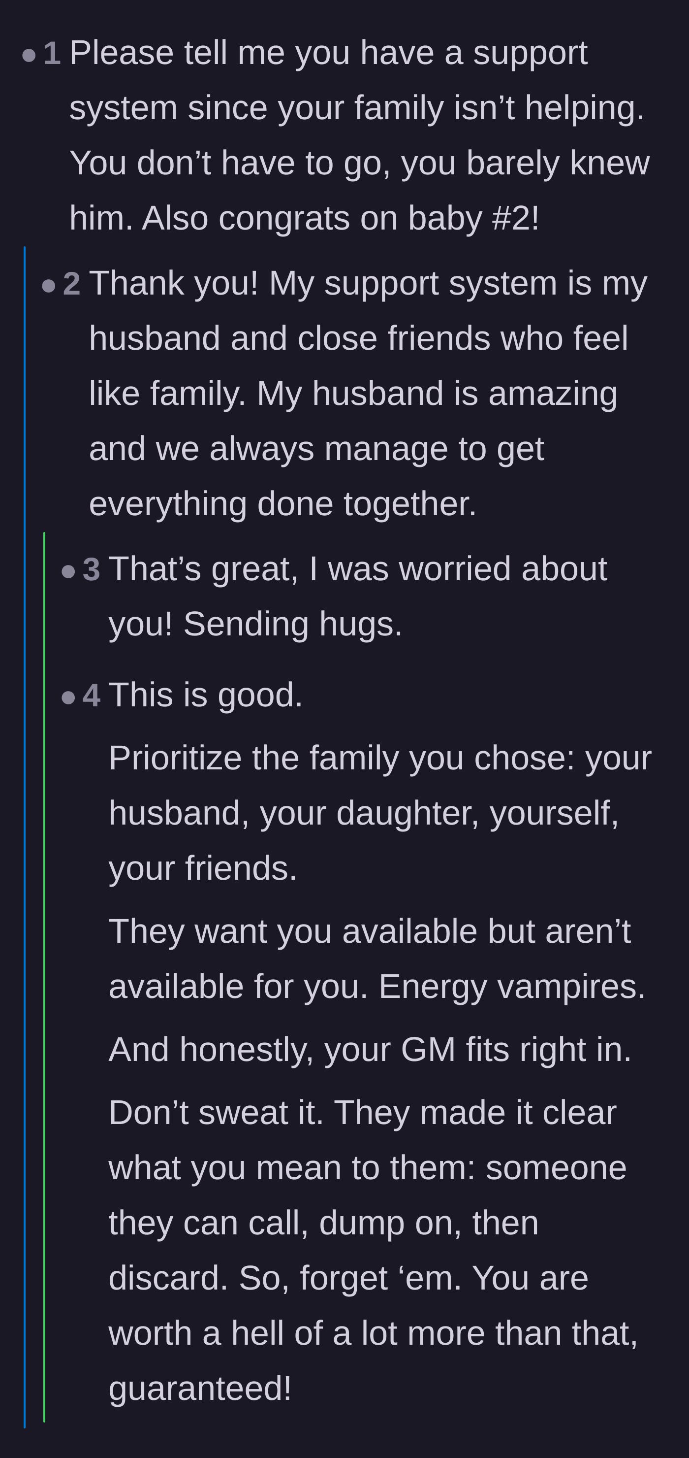 Comment thread 5 - Readers expressing relief that the main character has a highly supportive husband and friend group.