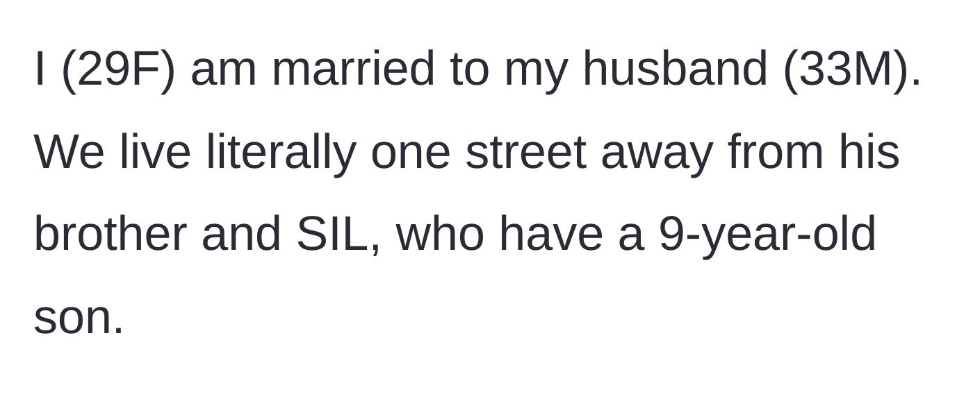 Story part 1 - Introduction of the 29-year-old wife and her proximity to her brother-in-law's family.