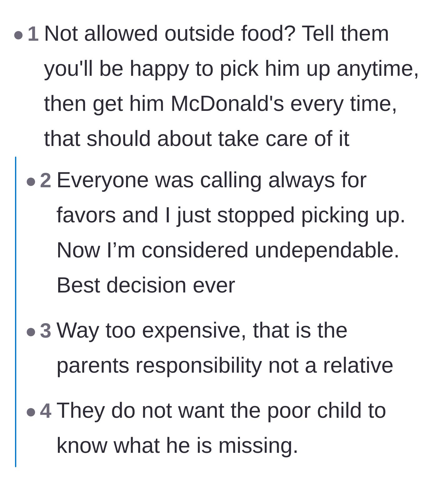 Comment thread 2 - Readers sharing advice on ignoring calls and deliberately buying outside food to force the parents to step up.
