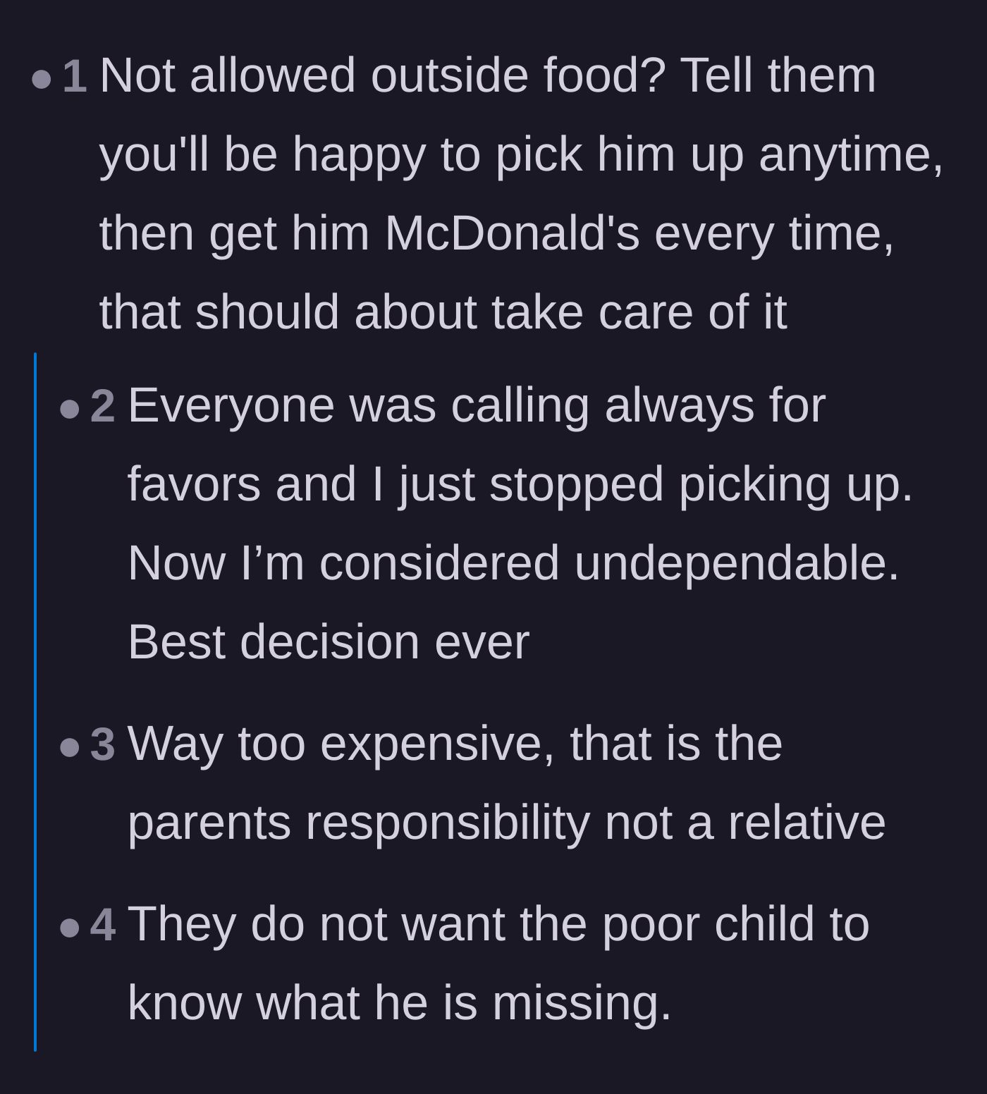Comment thread 2 - Readers sharing advice on ignoring calls and deliberately buying outside food to force the parents to step up.