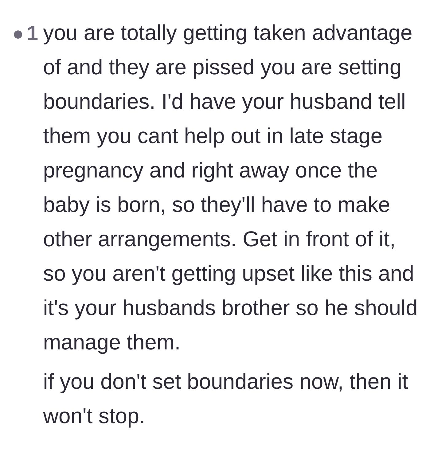 Comment thread 4 - Advice urging the husband to step in and establish firm boundaries before his wife gives birth.