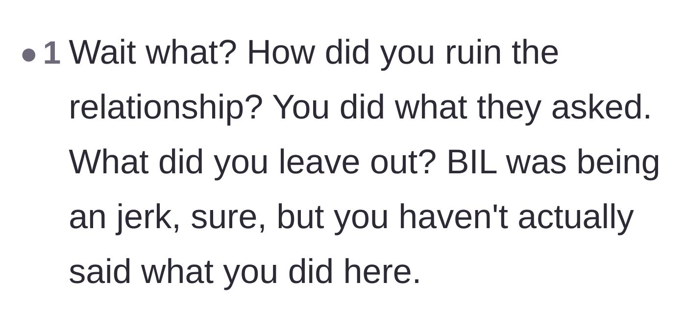 Comment thread 6 - A commenter questioning why the in-laws claimed the relationship was ruined when the original favor was actually completed.