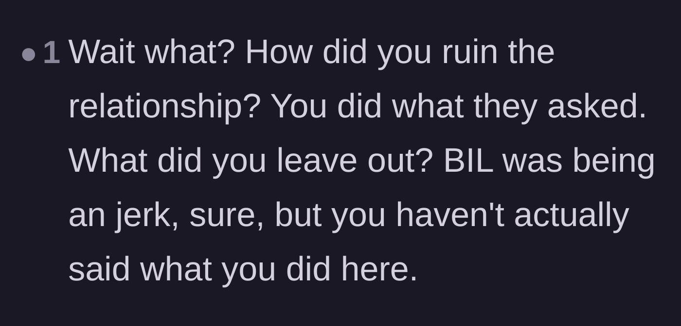 Comment thread 6 - A commenter questioning why the in-laws claimed the relationship was ruined when the original favor was actually completed.