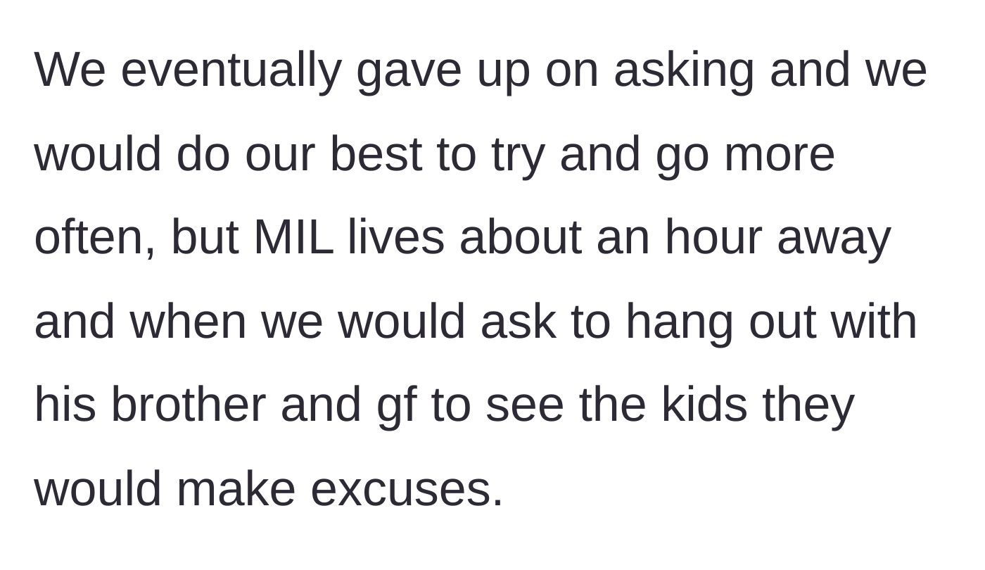 Story part 3 - The couple gives up asking to take the kids out and faces constant excuses when trying to visit them at the mother-in-law's house.