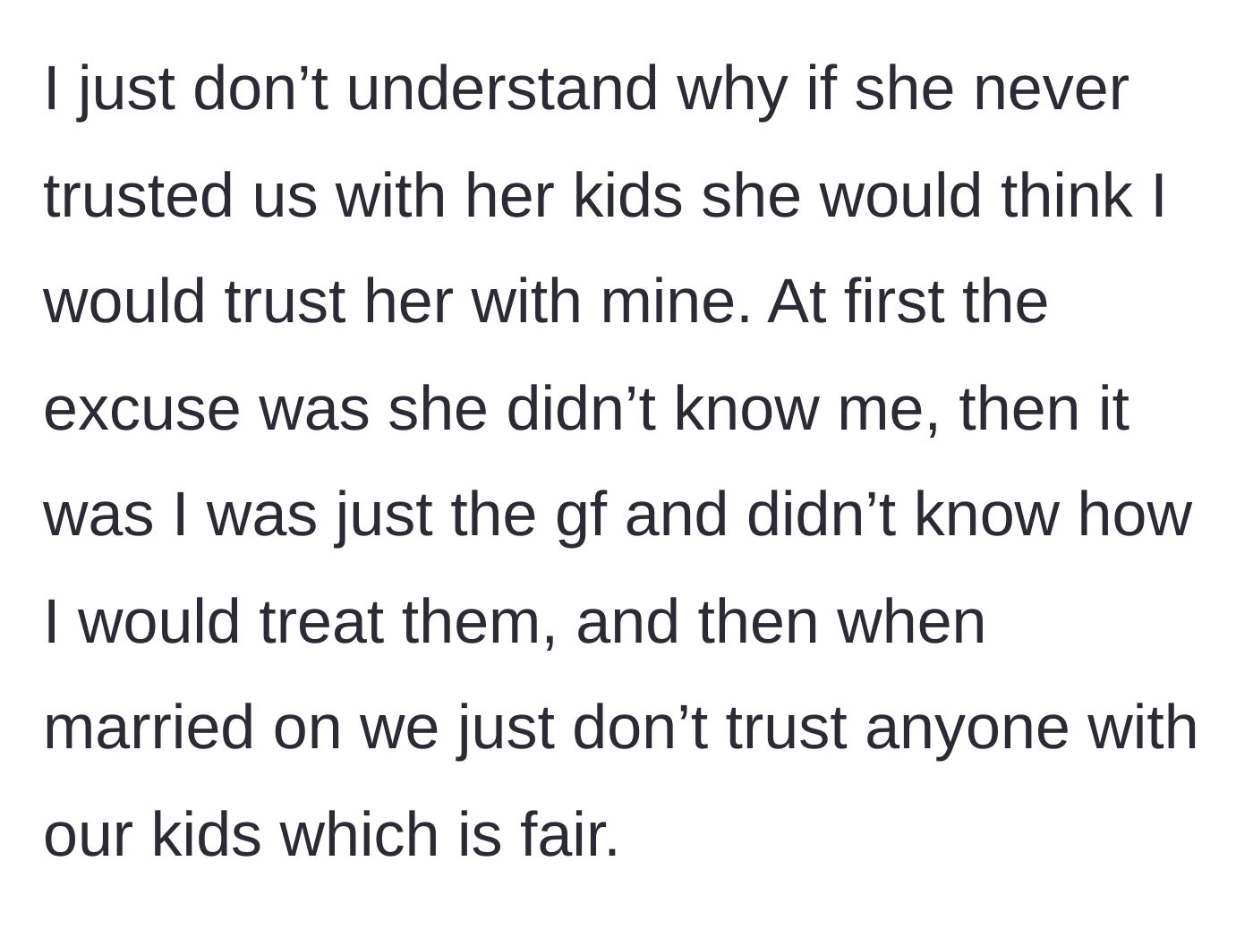 Story part 7 - The author reflects on the shifting excuses the sister-in-law used over the years to keep them away from her kids.