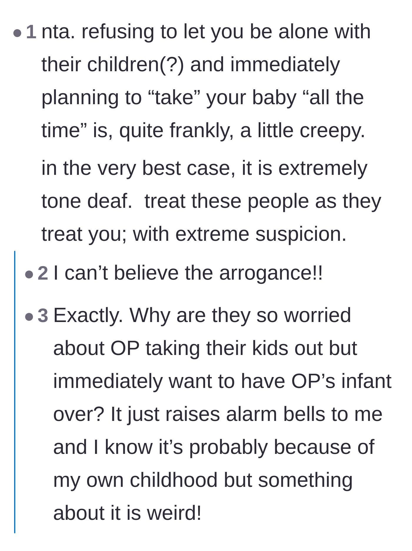 Comment thread 1 - Readers expressing suspicion over the sister-in-law's creepy demand to take the baby and warning the author to stay vigilant.