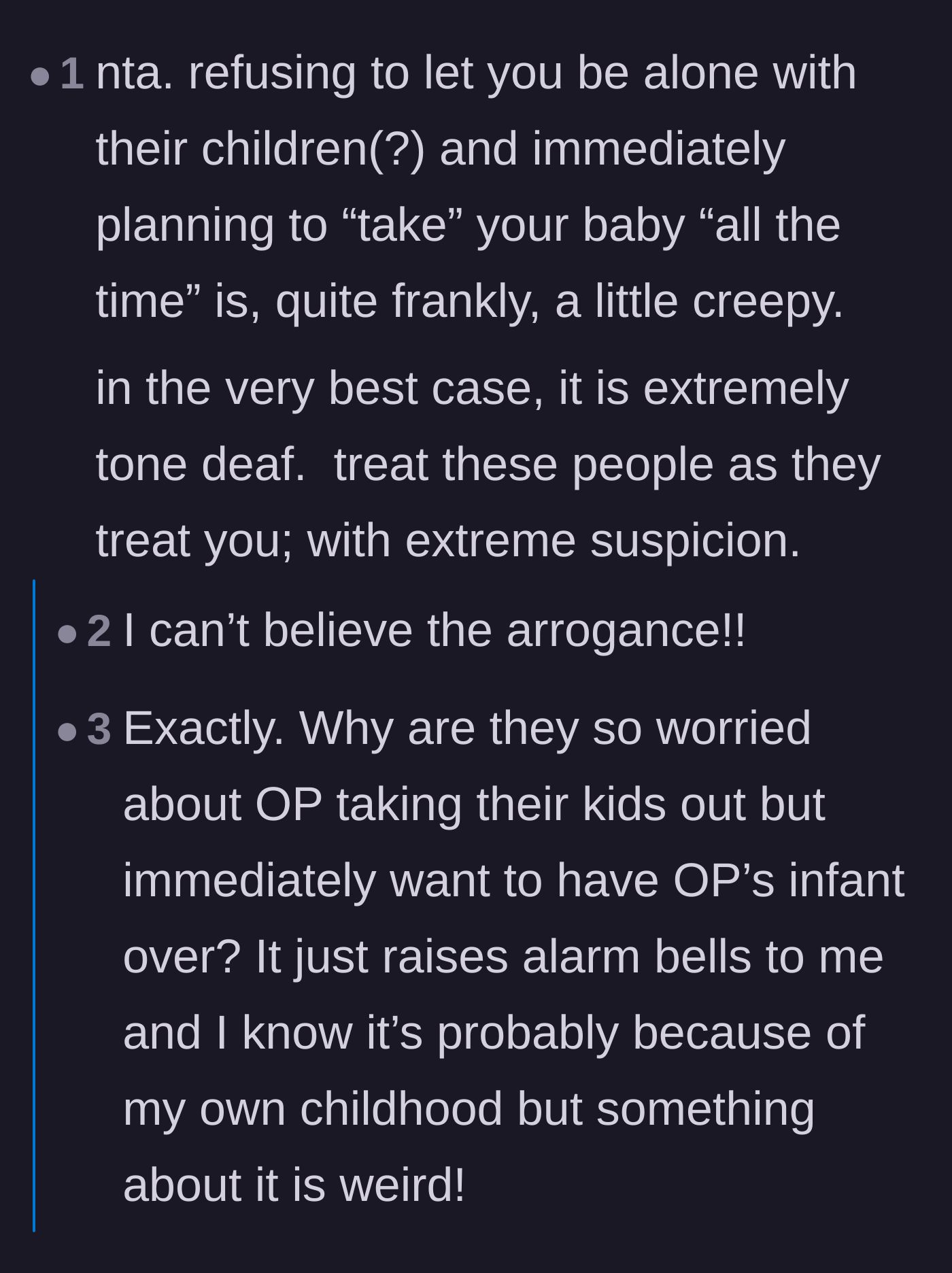 Comment thread 1 - Readers expressing suspicion over the sister-in-law's creepy demand to take the baby and warning the author to stay vigilant.