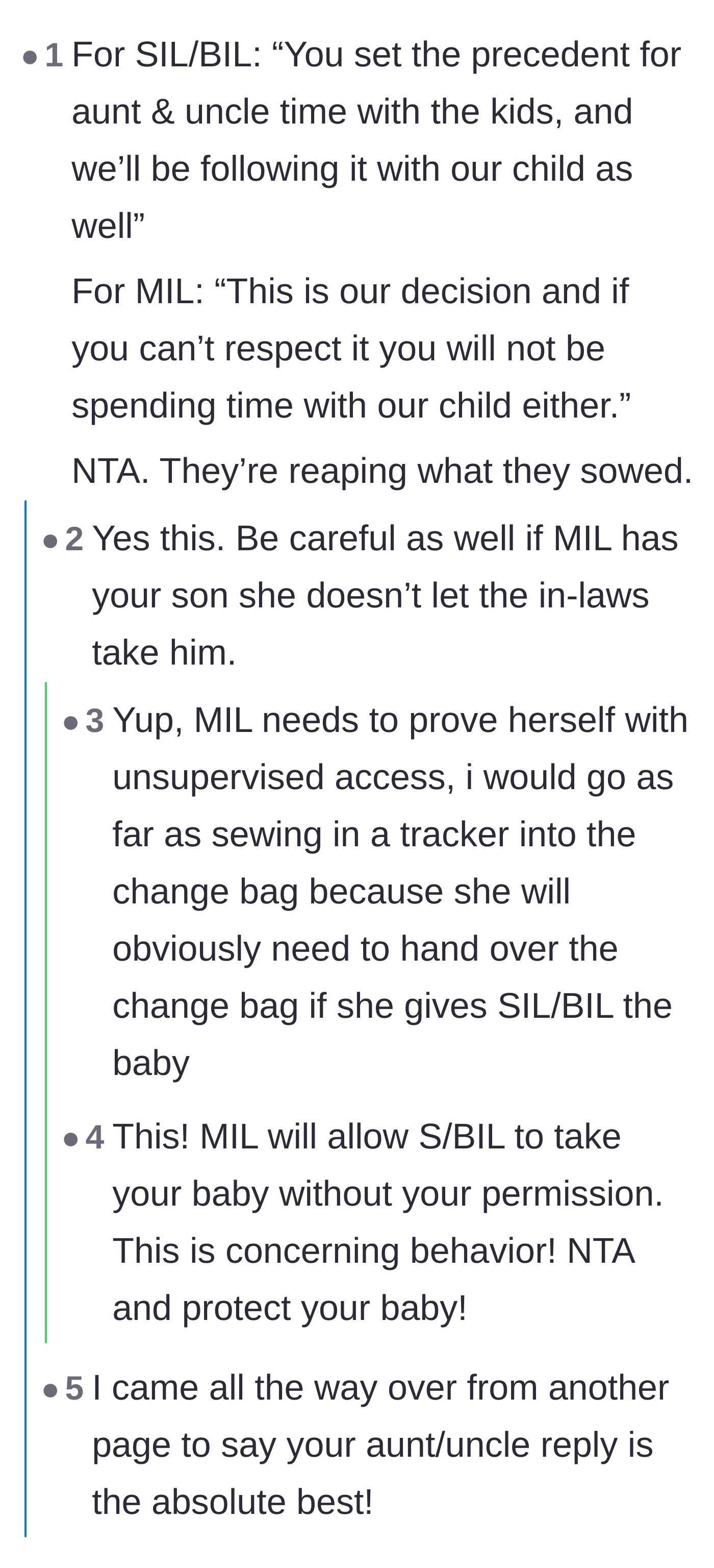 Comment thread 2 - Advice on setting firm boundaries with both the sister-in-law and the mother-in-law, including a warning about unsupervised visits.
