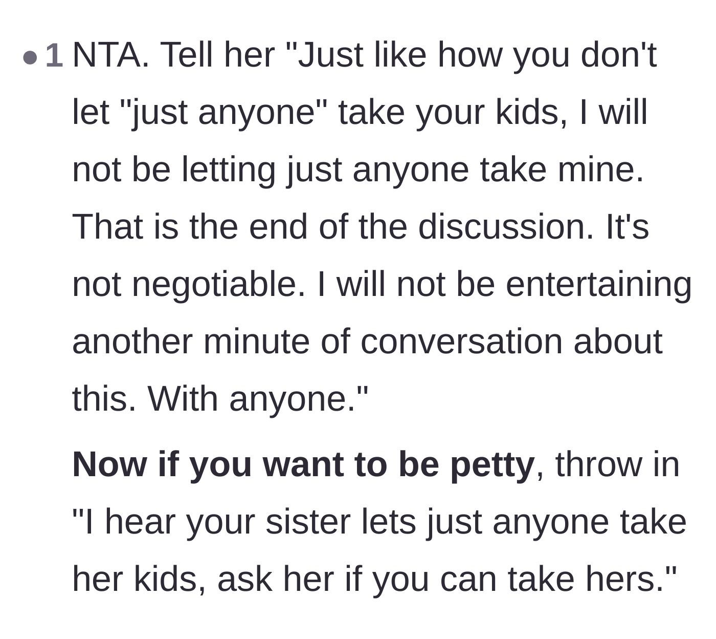 Comment thread 4 - A suggested script for the author to use the sister-in-law's exact words about 'just anyone' against her.