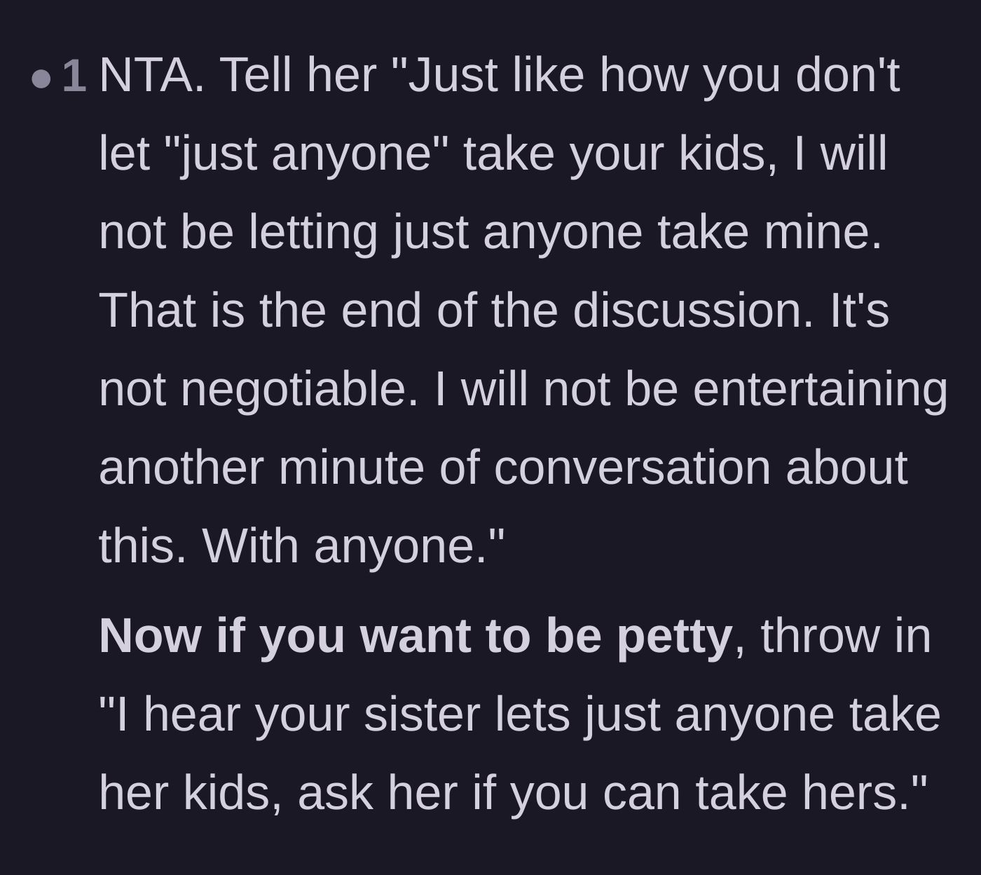 Comment thread 4 - A suggested script for the author to use the sister-in-law's exact words about 'just anyone' against her.
