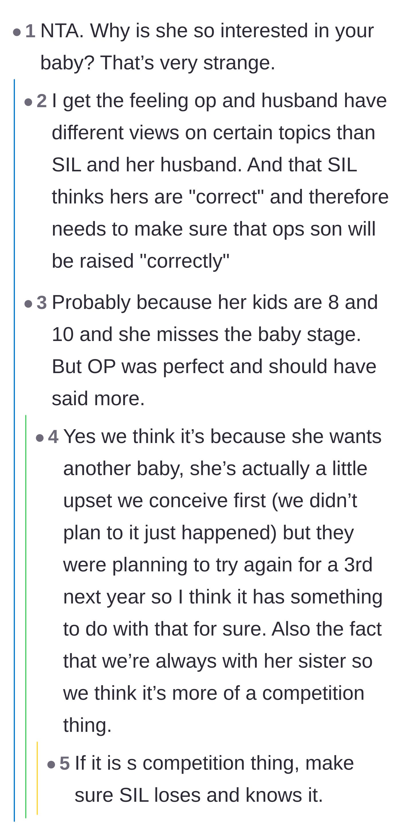 Comment thread 5 - Theories analyzing the sister-in-law's underlying motives, with the author confirming it likely stems from baby fever and family competition.