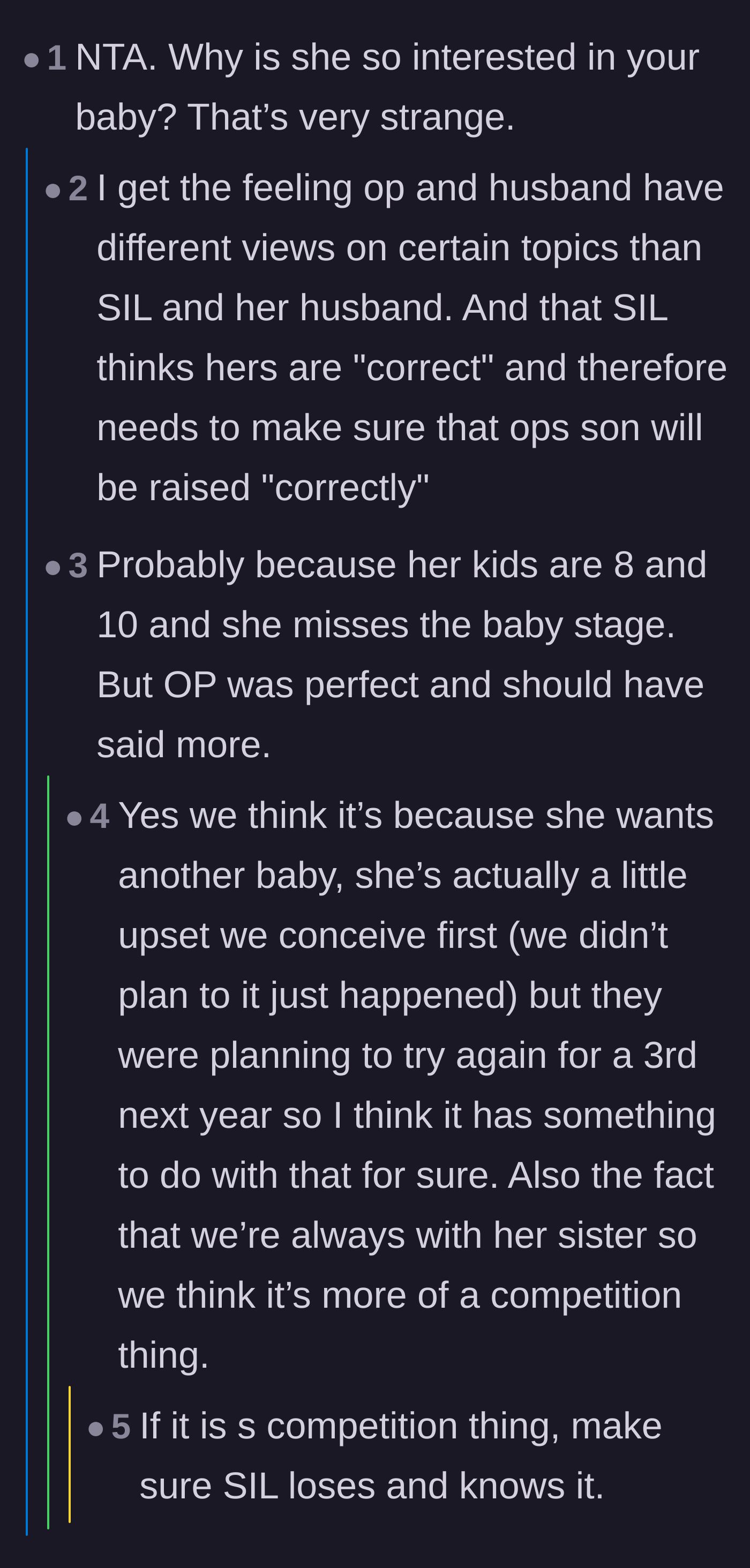 Comment thread 5 - Theories analyzing the sister-in-law's underlying motives, with the author confirming it likely stems from baby fever and family competition.