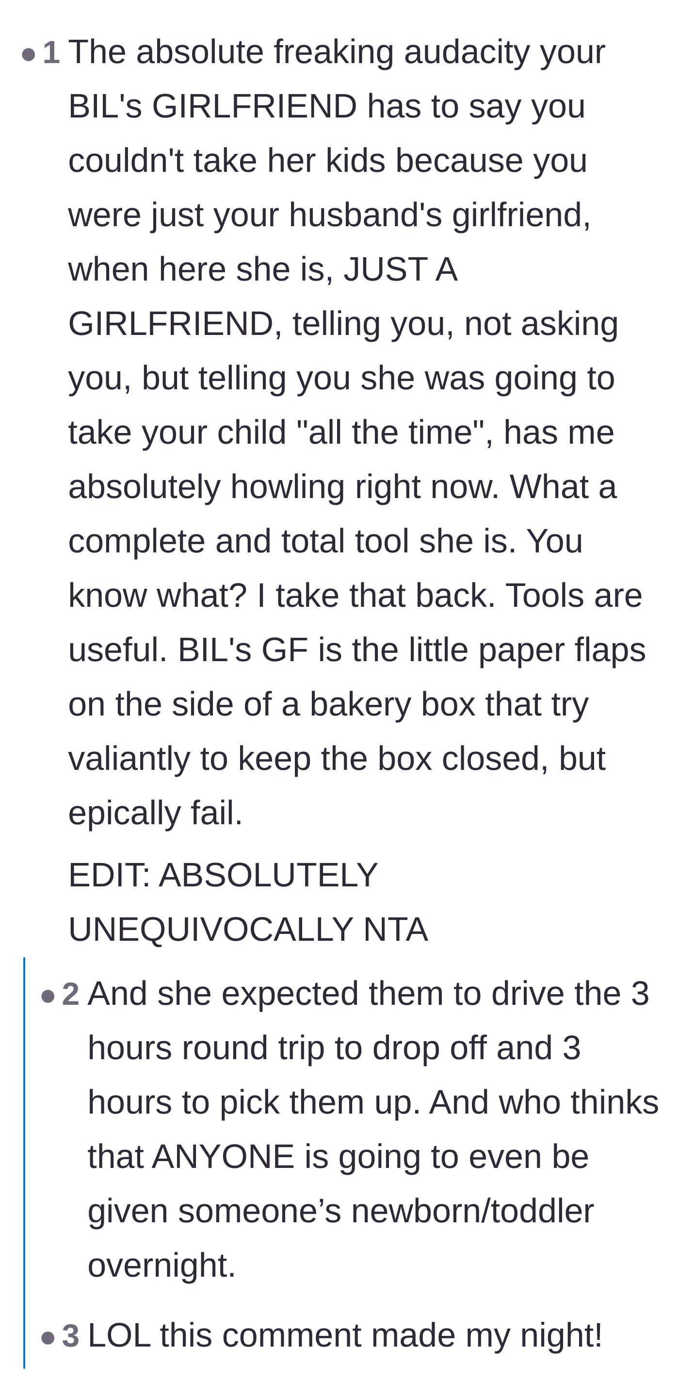 Comment thread 6 - A hilarious takedown of the sister-in-law's hypocrisy for calling the author 'just a girlfriend' when she holds the same relationship status.