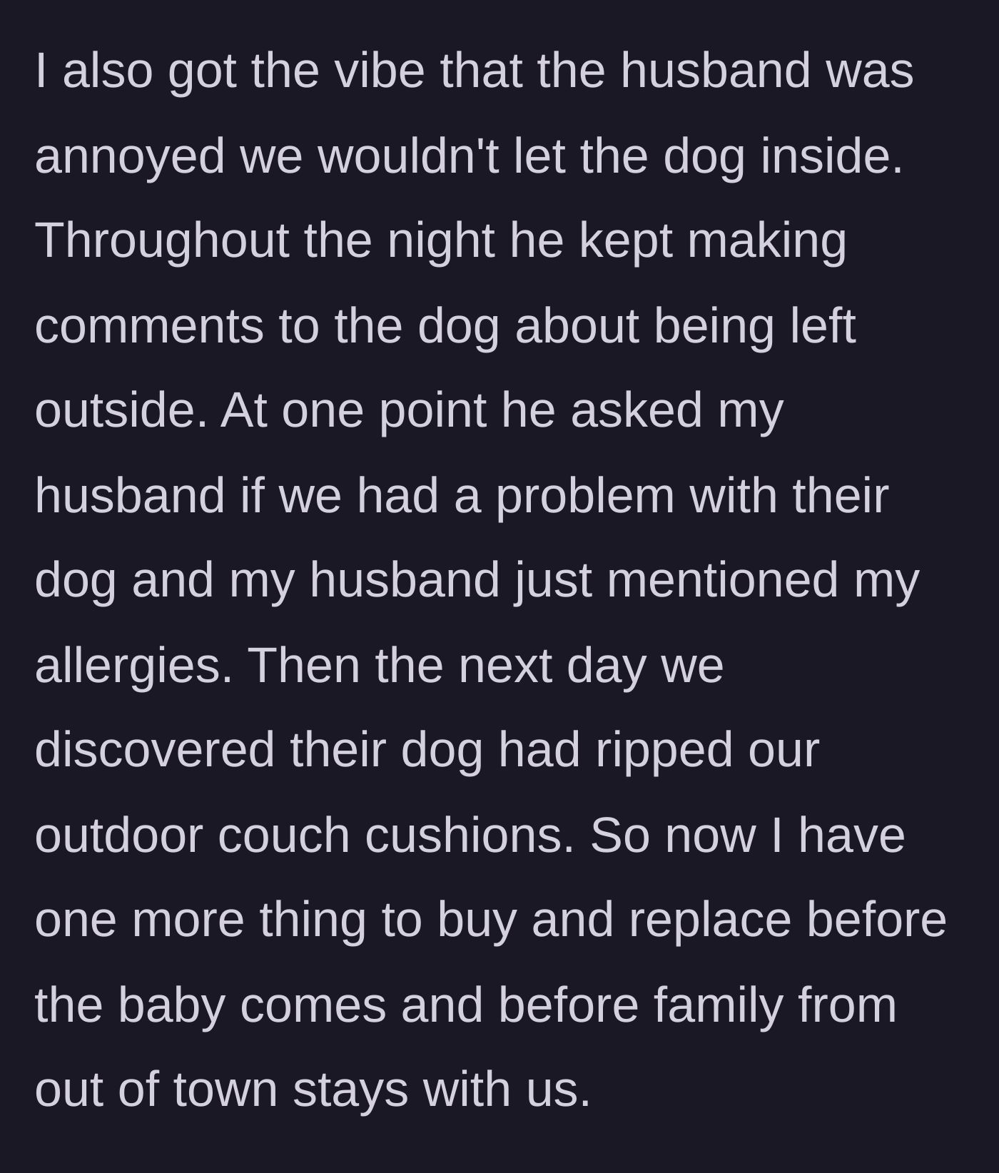 Story part 4 - The friend makes passive-aggressive comments about the dog being outside, and the dog later destroys patio cushions.