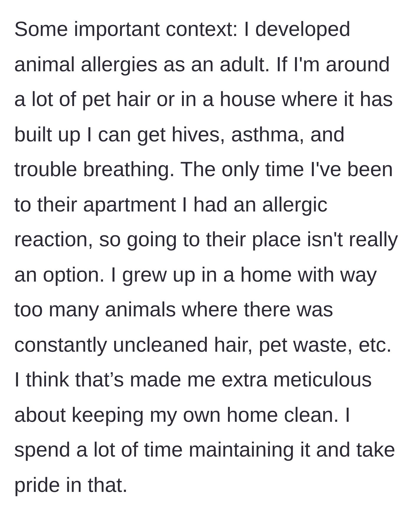 Story part 5 - The host details her severe adult animal allergies and childhood trauma from living in a chaotic, dirty home.