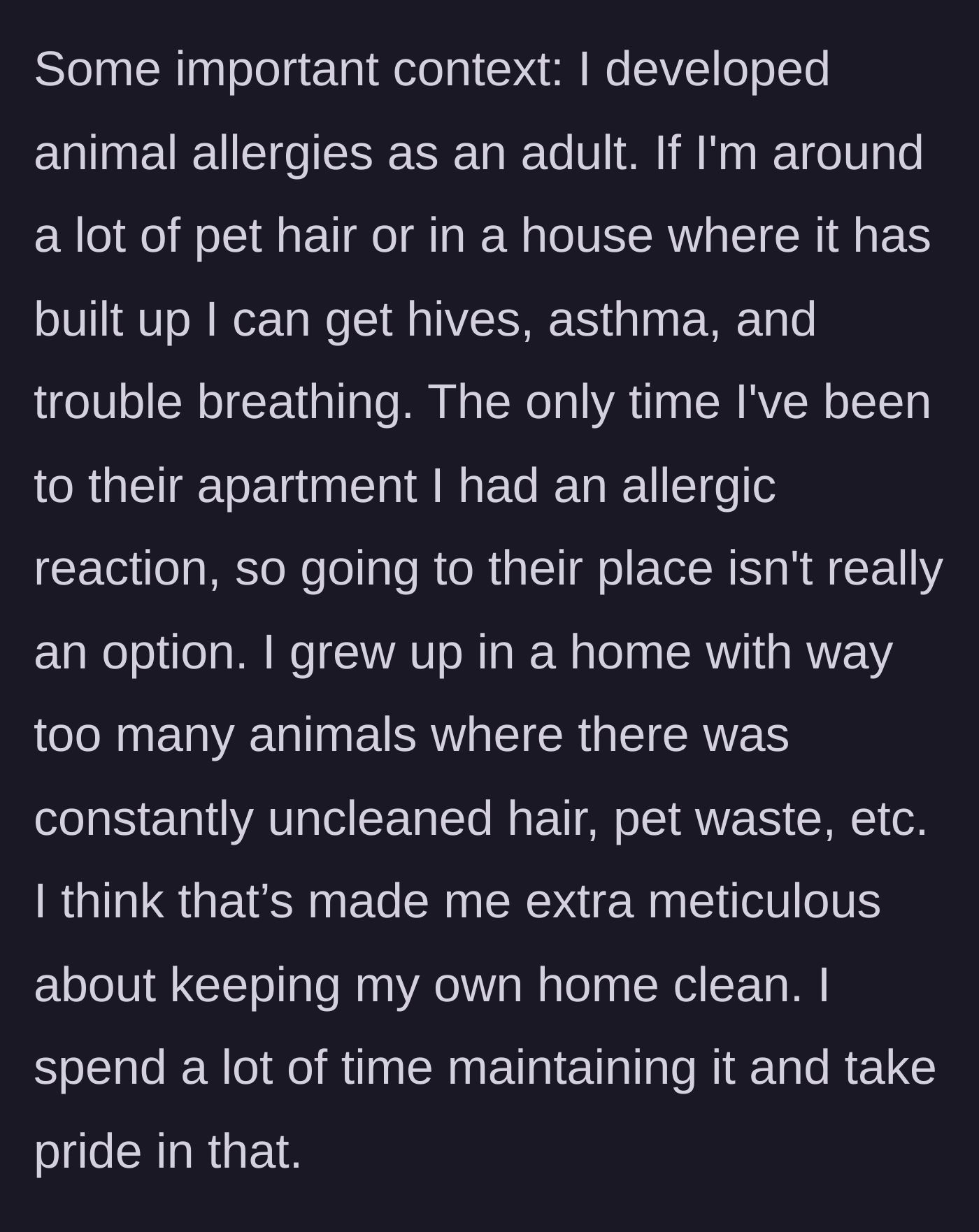 Story part 5 - The host details her severe adult animal allergies and childhood trauma from living in a chaotic, dirty home.
