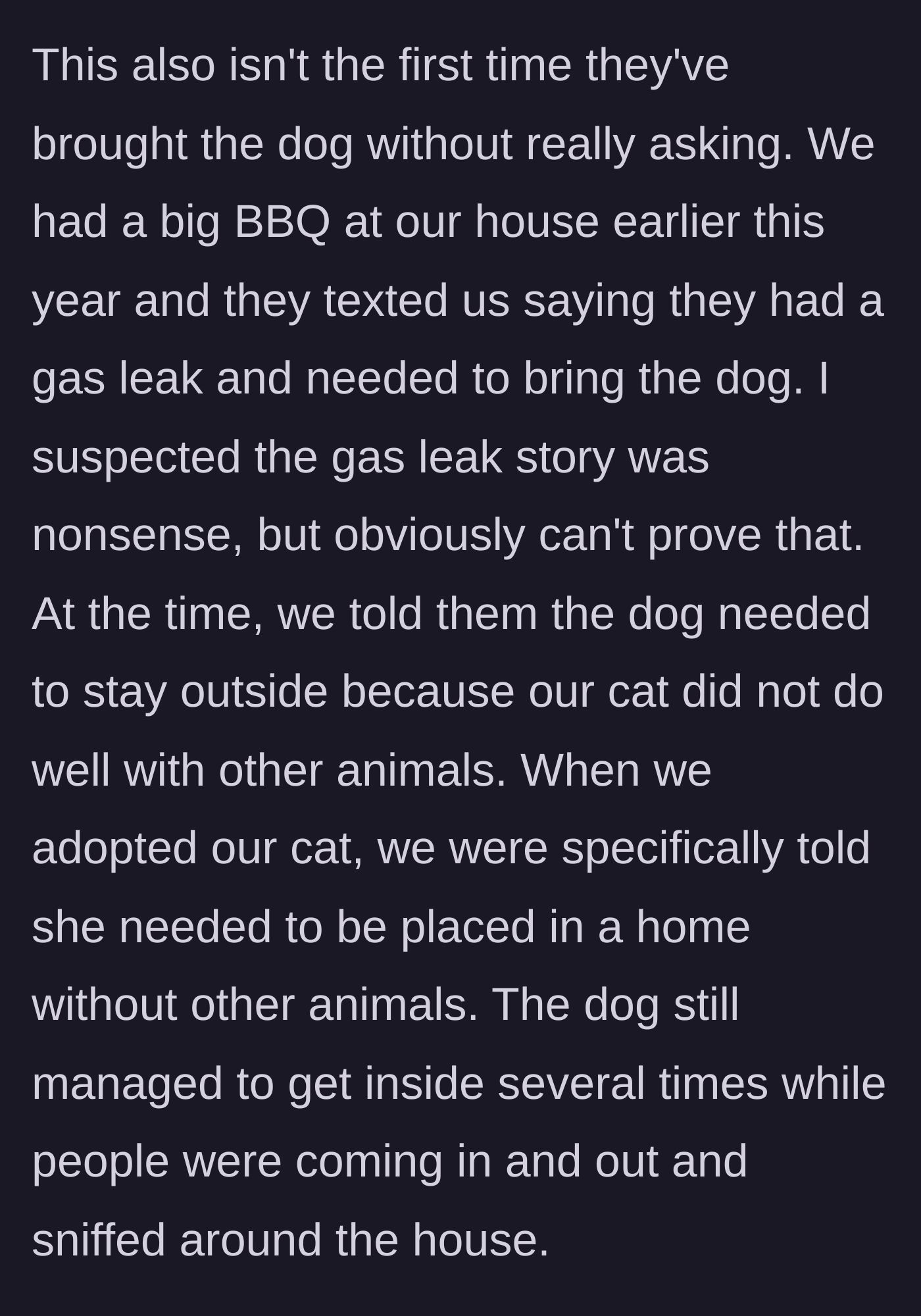 Story part 6 - A flashback to a BBQ where the friends used a dubious 'gas leak' excuse to bring the dog, who then kept sneaking inside.