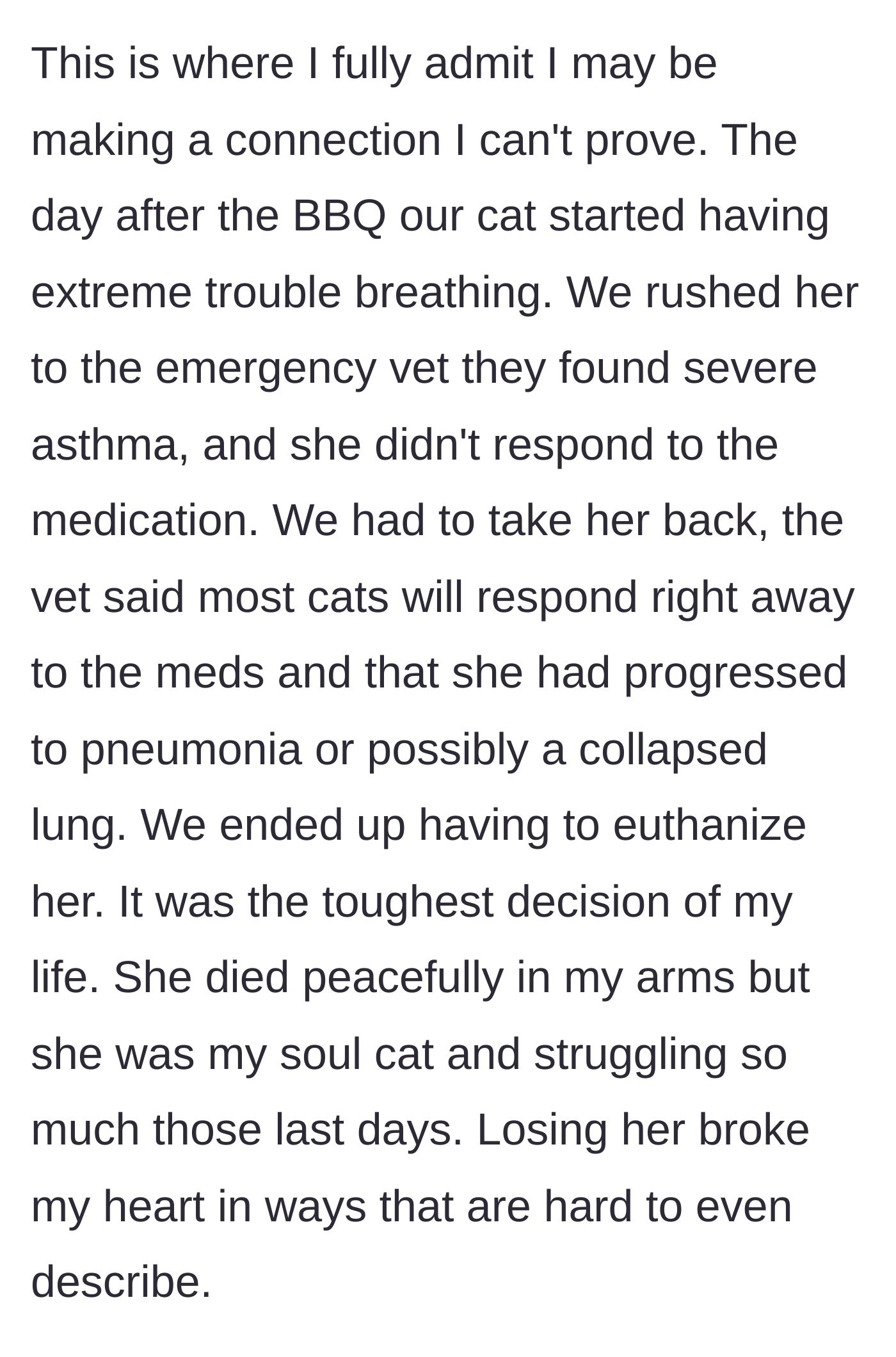 Story part 7 - The heartbreaking account of the host's beloved cat suffering a fatal respiratory crisis the day after the dog's invasion.