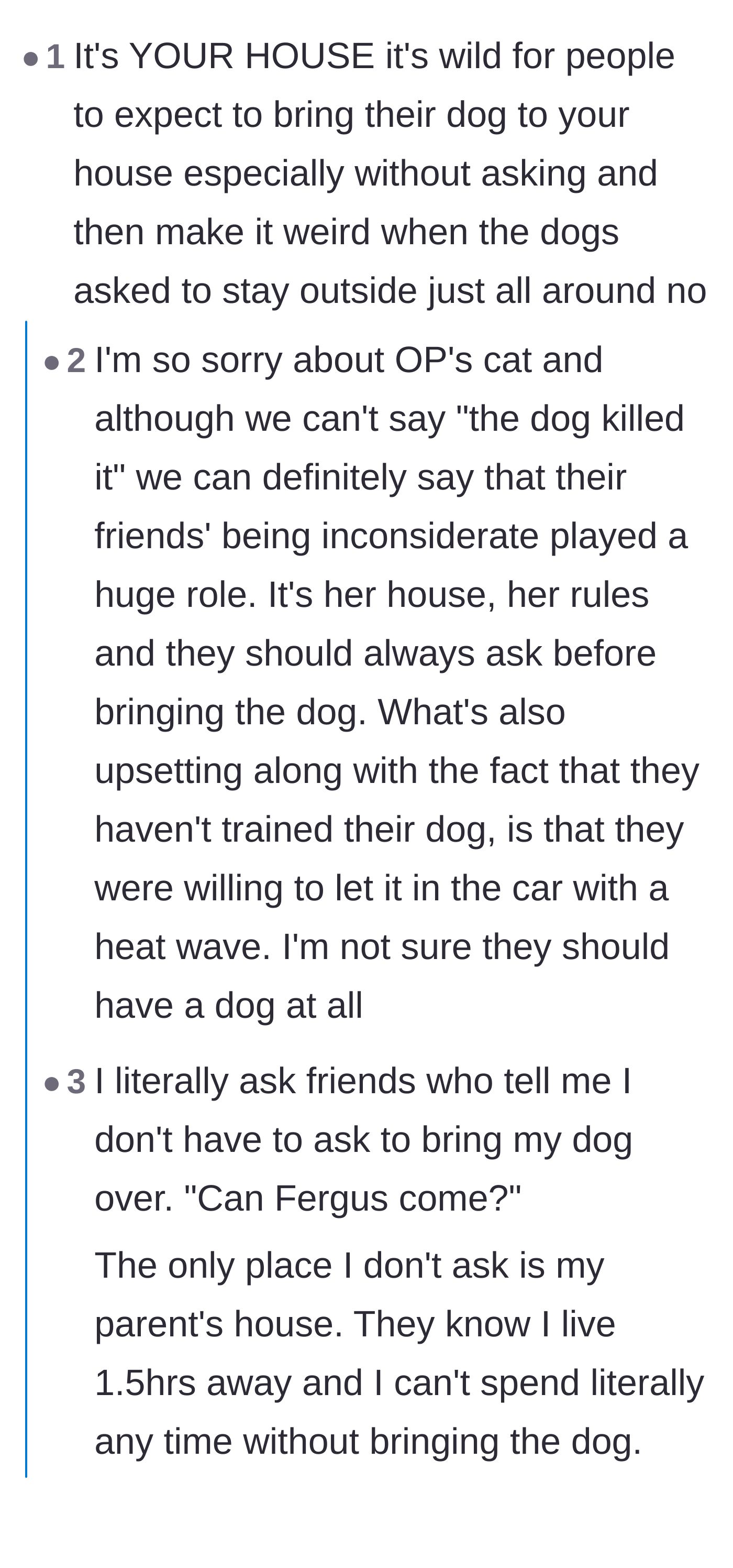 Comment thread 1 - Advice and personal stories unpacking the sheer audacity of uninvited pets and the manipulative 'hot car' excuse.
