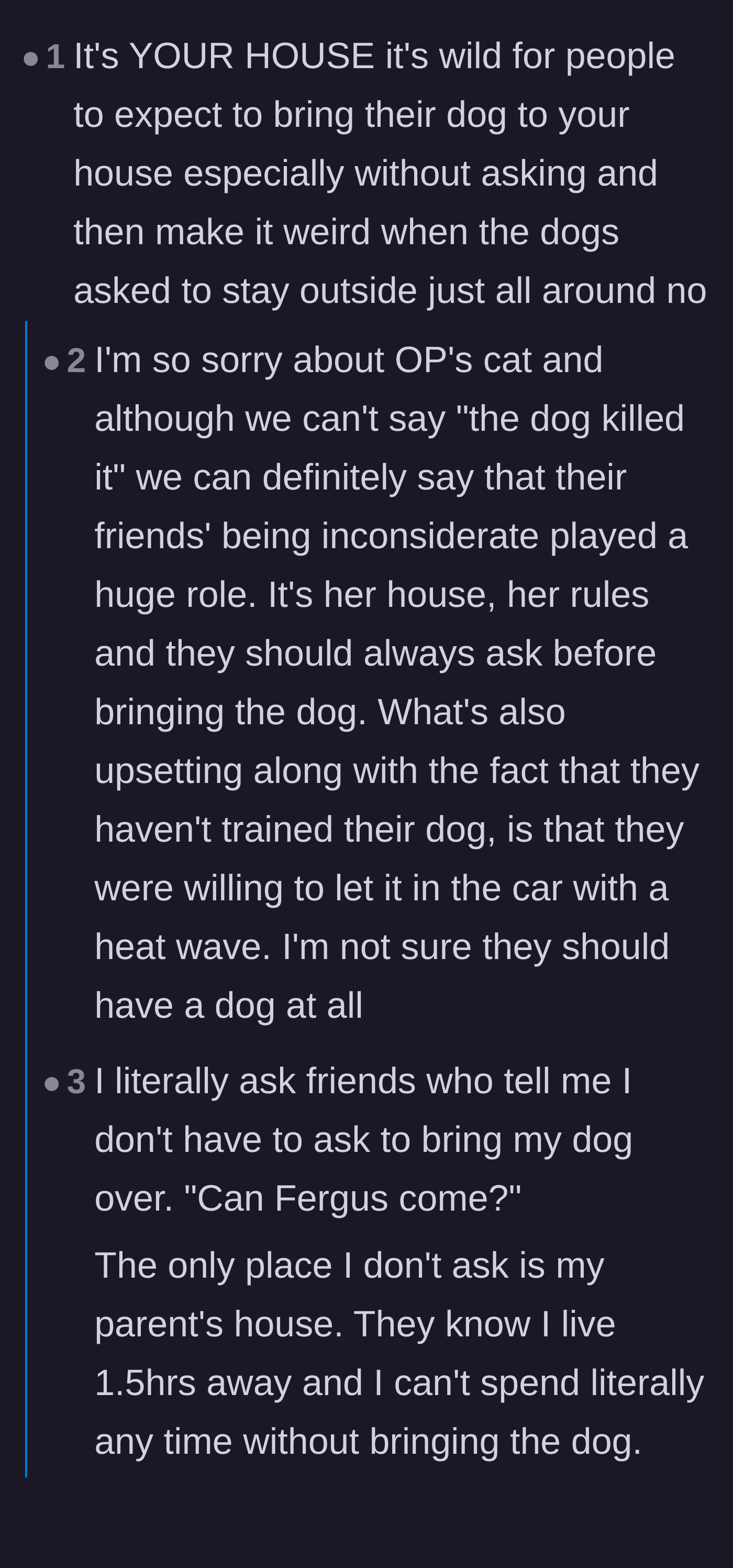 Comment thread 1 - Advice and personal stories unpacking the sheer audacity of uninvited pets and the manipulative 'hot car' excuse.