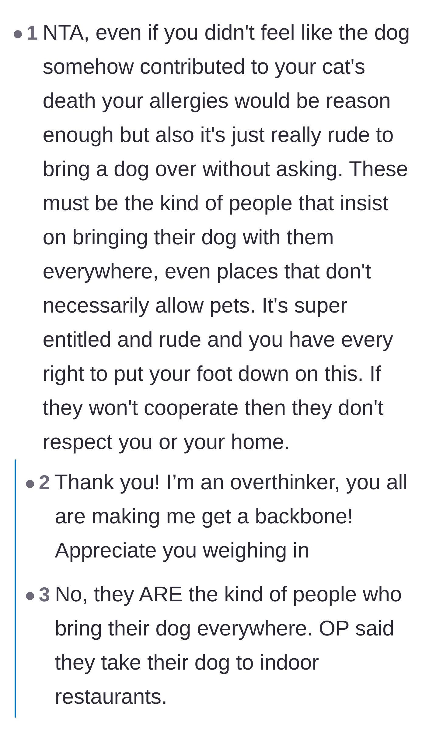 Comment thread 5 - A reminder that severe allergies alone are a complete sentence, contrasting the guests with how considerate pet owners behave.