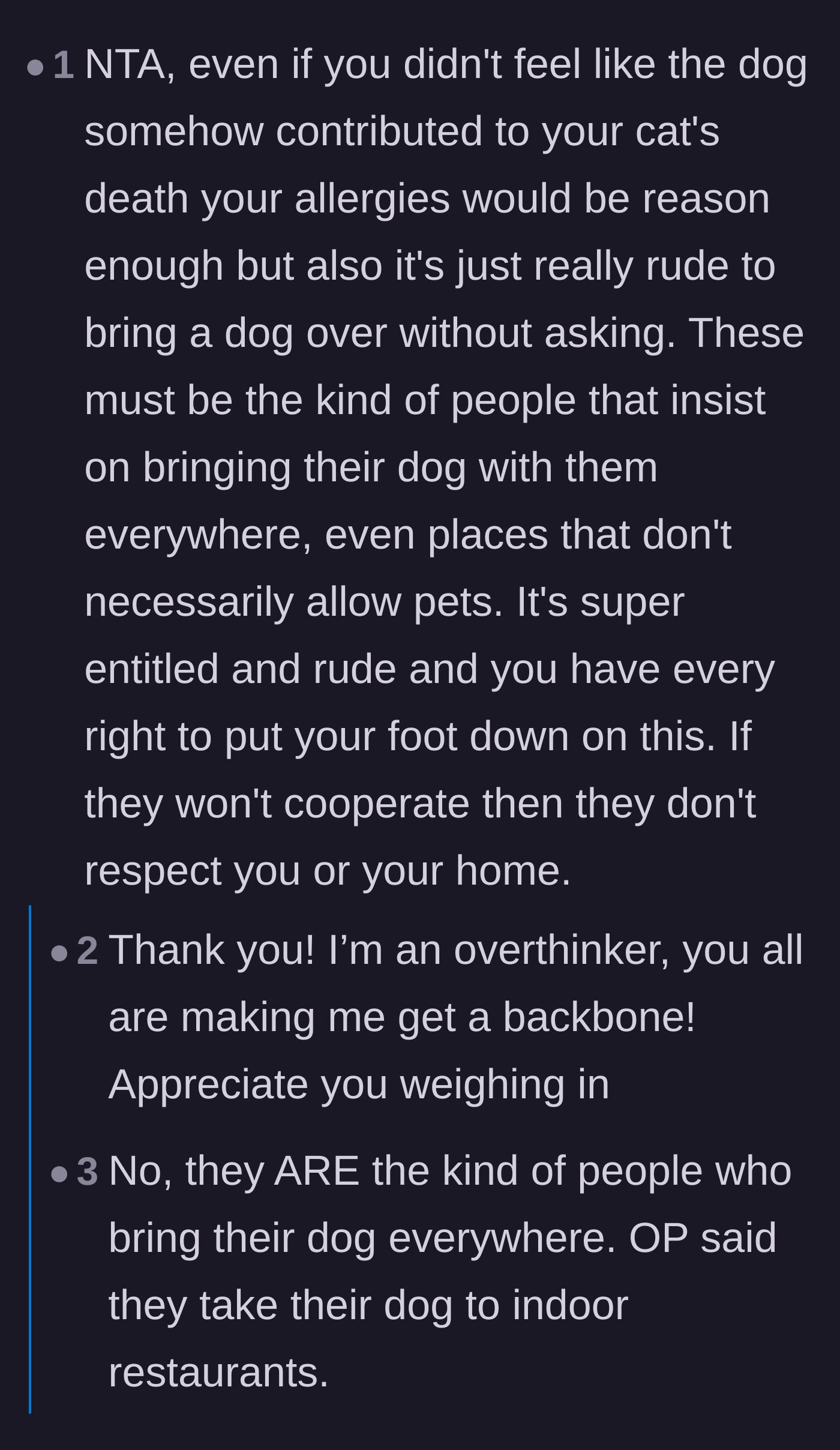 Comment thread 5 - A reminder that severe allergies alone are a complete sentence, contrasting the guests with how considerate pet owners behave.