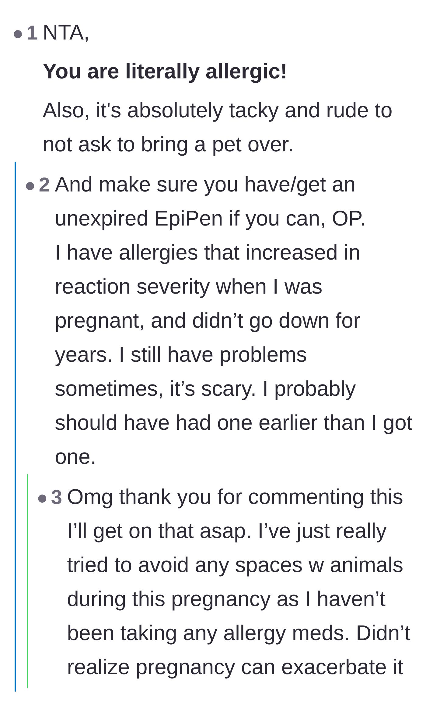 Comment thread 6 - Urgent, practical medical advice regarding pregnancy-exacerbated allergies and the absolute necessity of an EpiPen.
