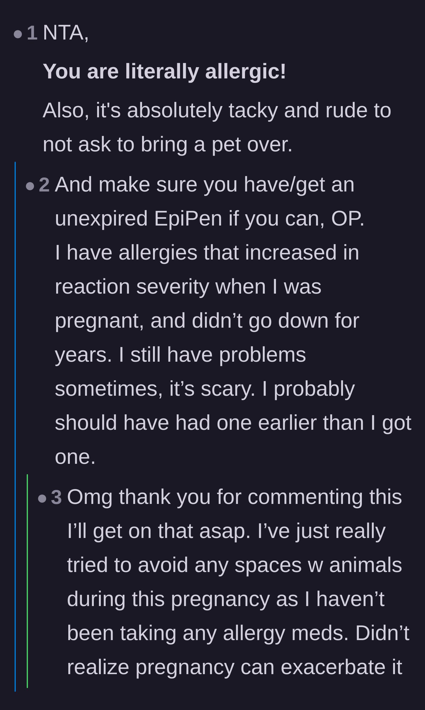 Comment thread 6 - Urgent, practical medical advice regarding pregnancy-exacerbated allergies and the absolute necessity of an EpiPen.