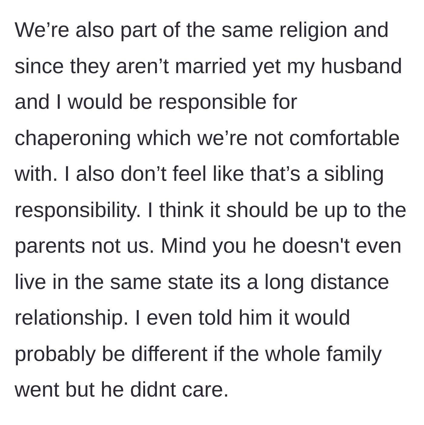 Story part 2 - The woman details the religious chaperoning rules and why it's not her job to supervise the couple.