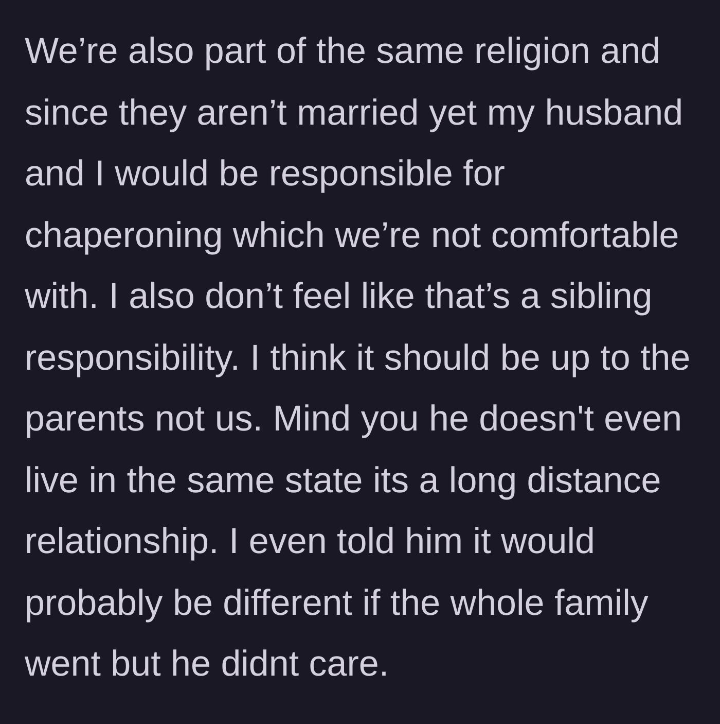 Story part 2 - The woman details the religious chaperoning rules and why it's not her job to supervise the couple.