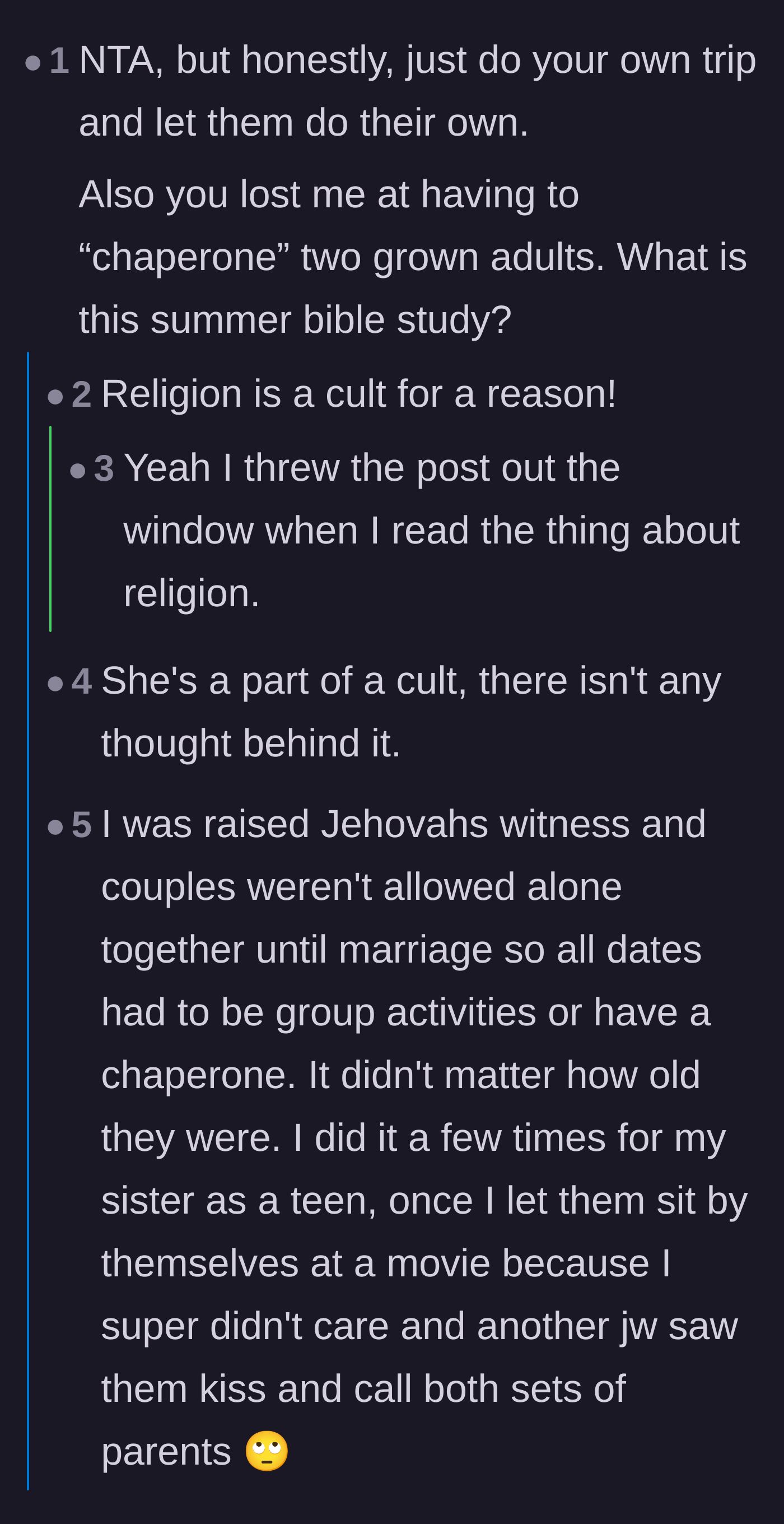 Comment thread 1 - Readers debating the extreme religious rules and the absurdity of chaperoning grown adults.