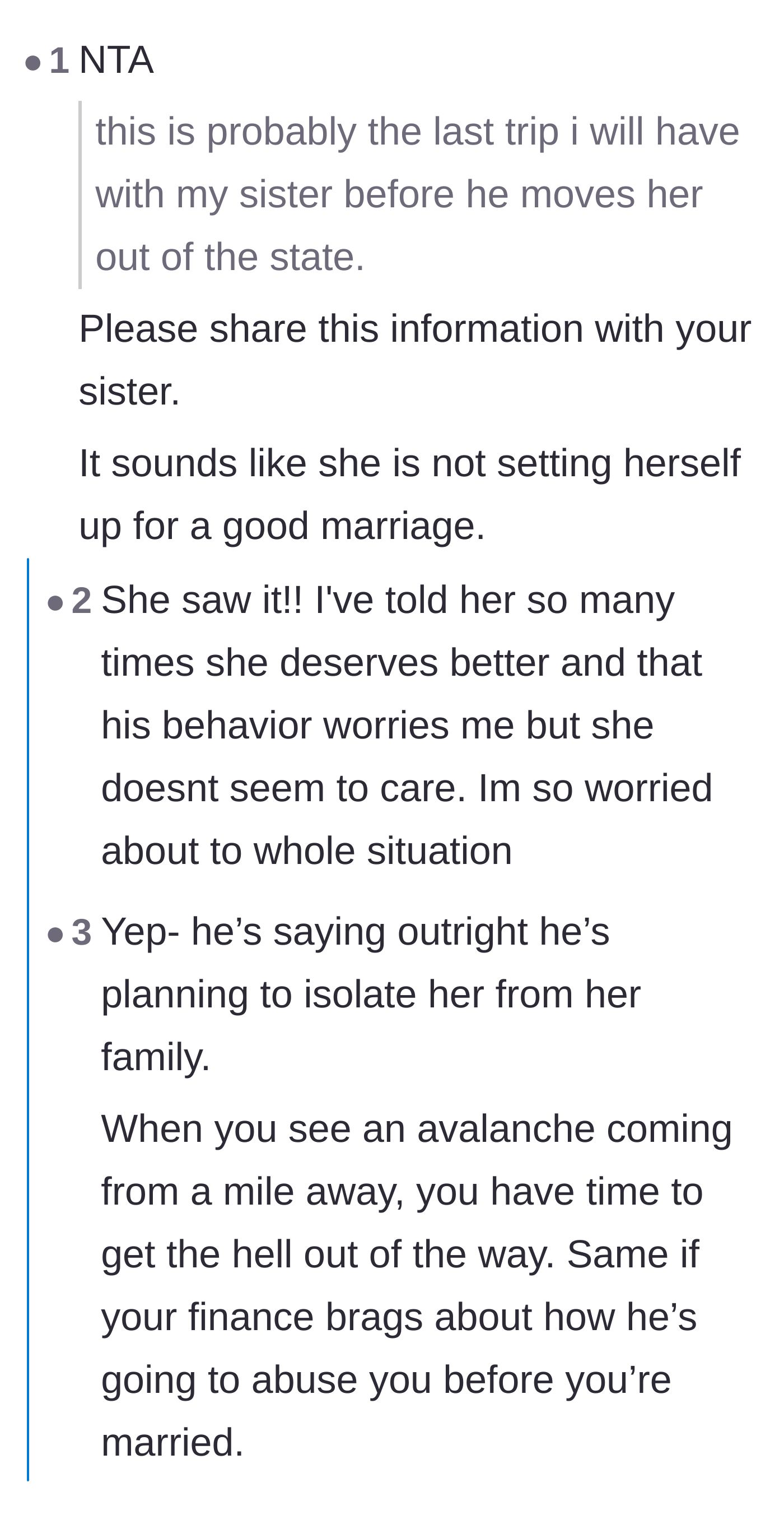 Comment thread 2 - Commenters pointing out the fiancé's giant red flags and threats to isolate the sister.