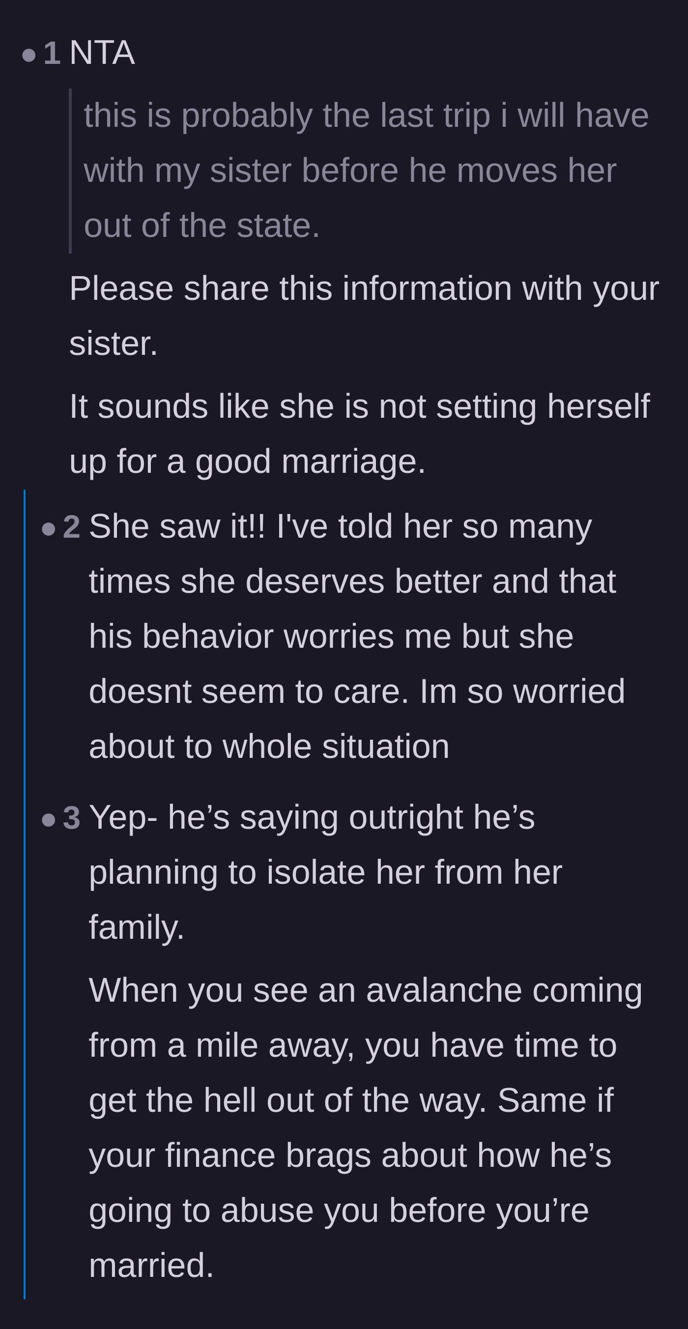 Comment thread 2 - Commenters pointing out the fiancé's giant red flags and threats to isolate the sister.