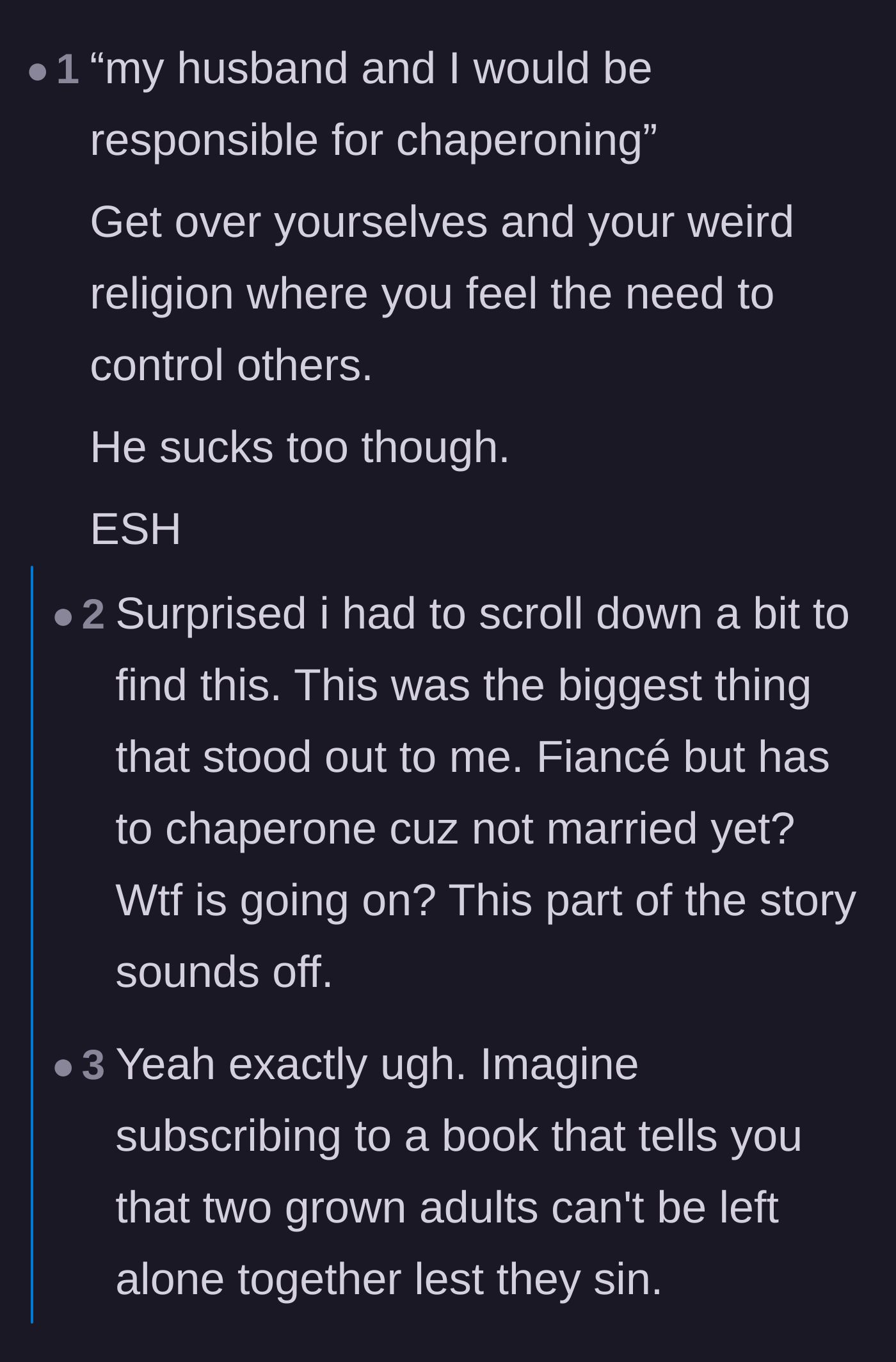 Comment thread 3 - A debate over the hypocrisy of the family trip rules and the overbearing religious expectations.