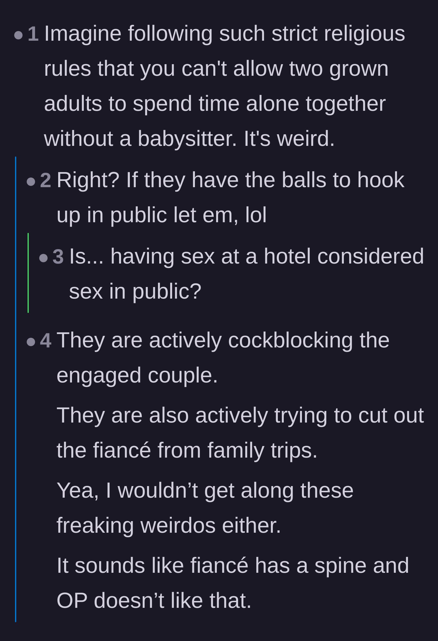 Comment thread 4 - A hilarious philosophical debate about what actually counts as having intimate relations in public.