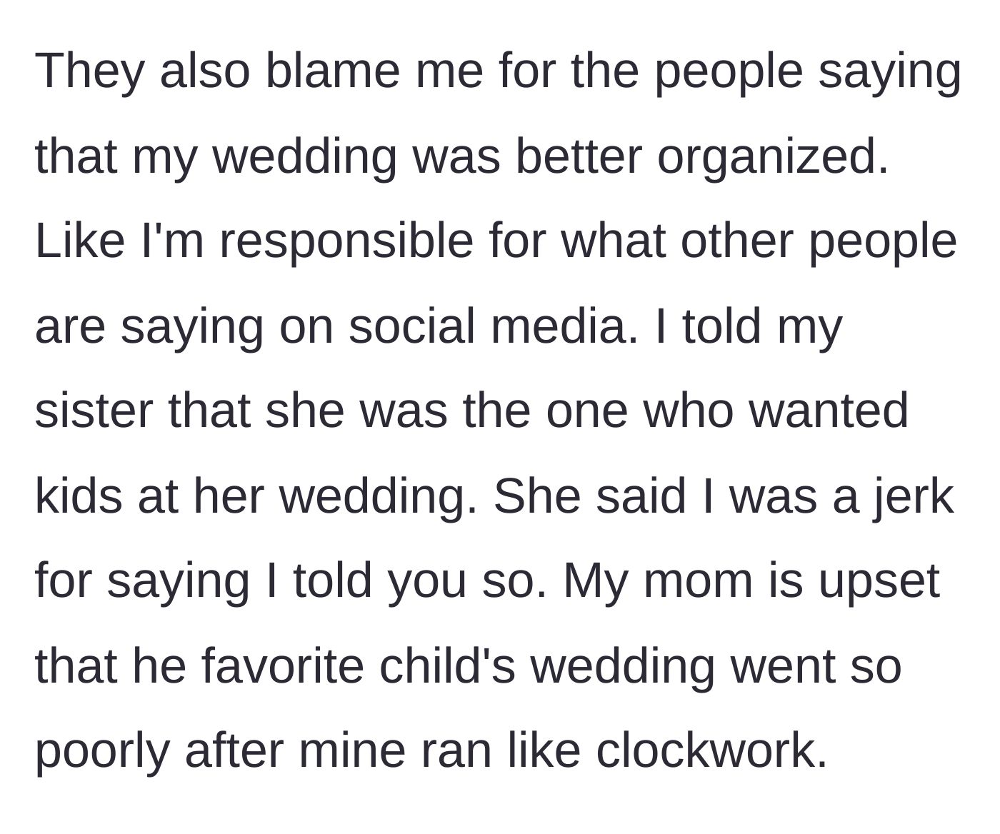 Story part 6 - The family throwing a tantrum over social media comments praising the main character's past wedding, with the mother crying about her favorite child's ruined day.