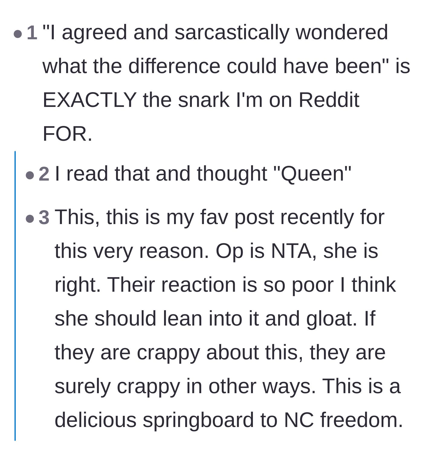 Comment thread 1 - Readers praising the author's sarcastic comeback to her mother.