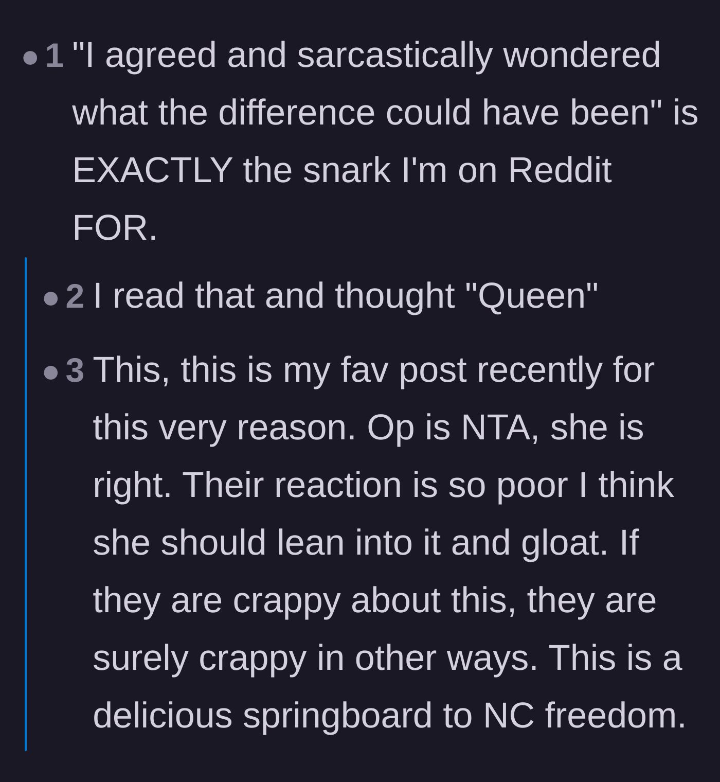 Comment thread 1 - Readers praising the author's sarcastic comeback to her mother.